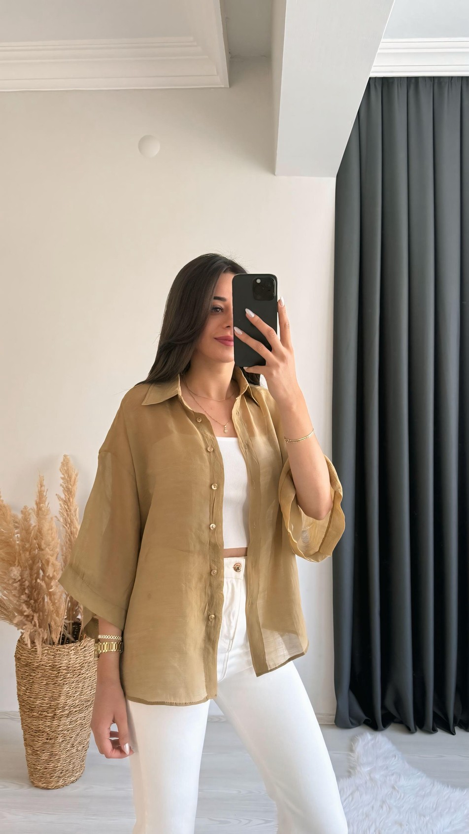 Fiona Lüx Kalite Basic Salaş Tensel Gömlek Olive