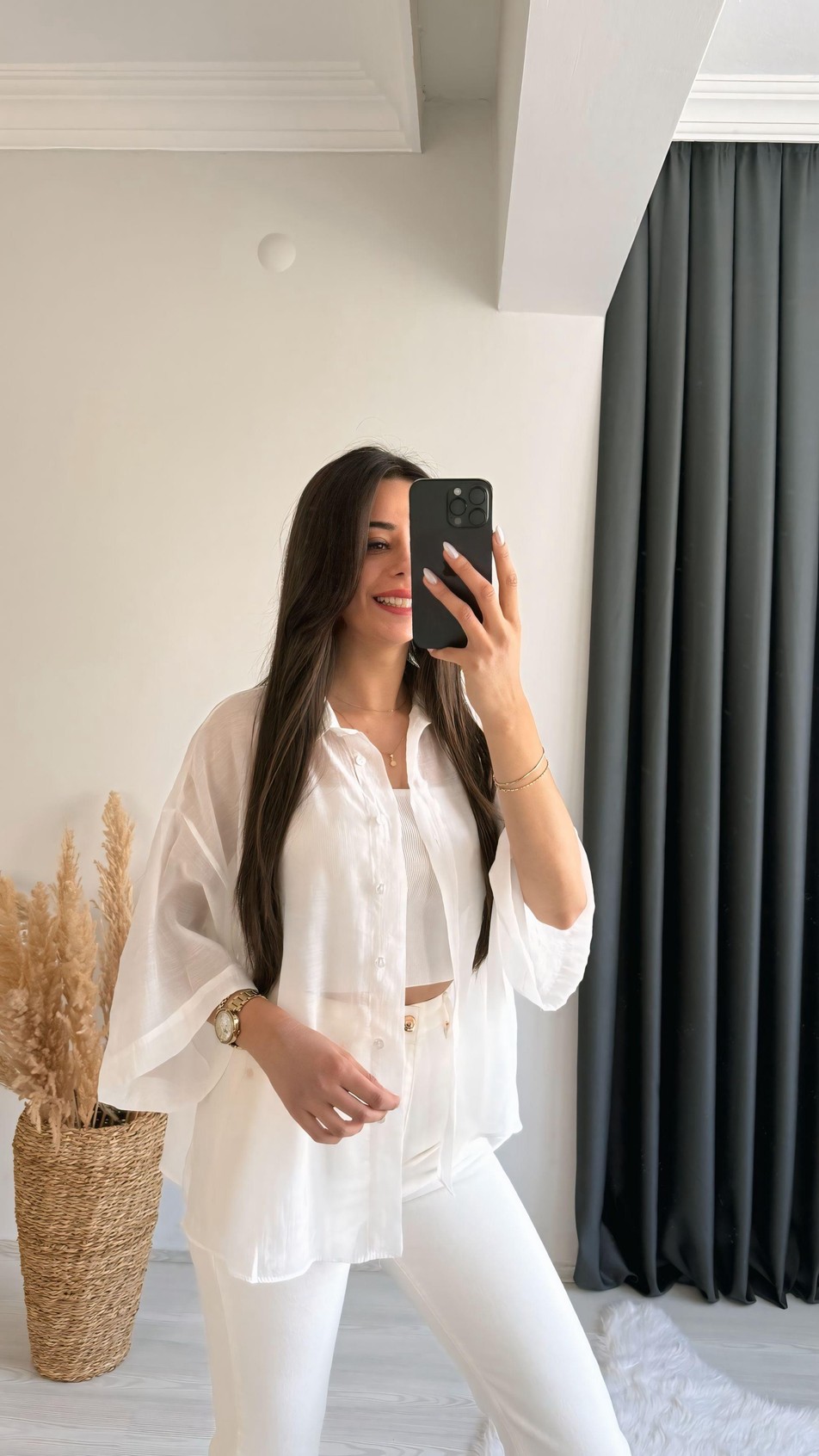 Fiona Lüx Kalite Basic Salaş Tensel Gömlek Beyaz