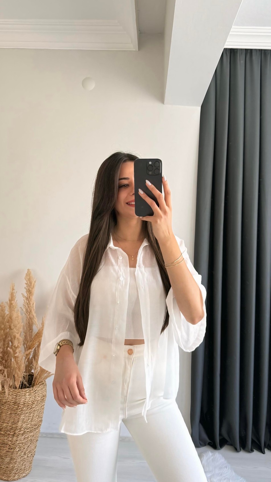 Fiona Lüx Kalite Basic Salaş Tensel Gömlek Beyaz