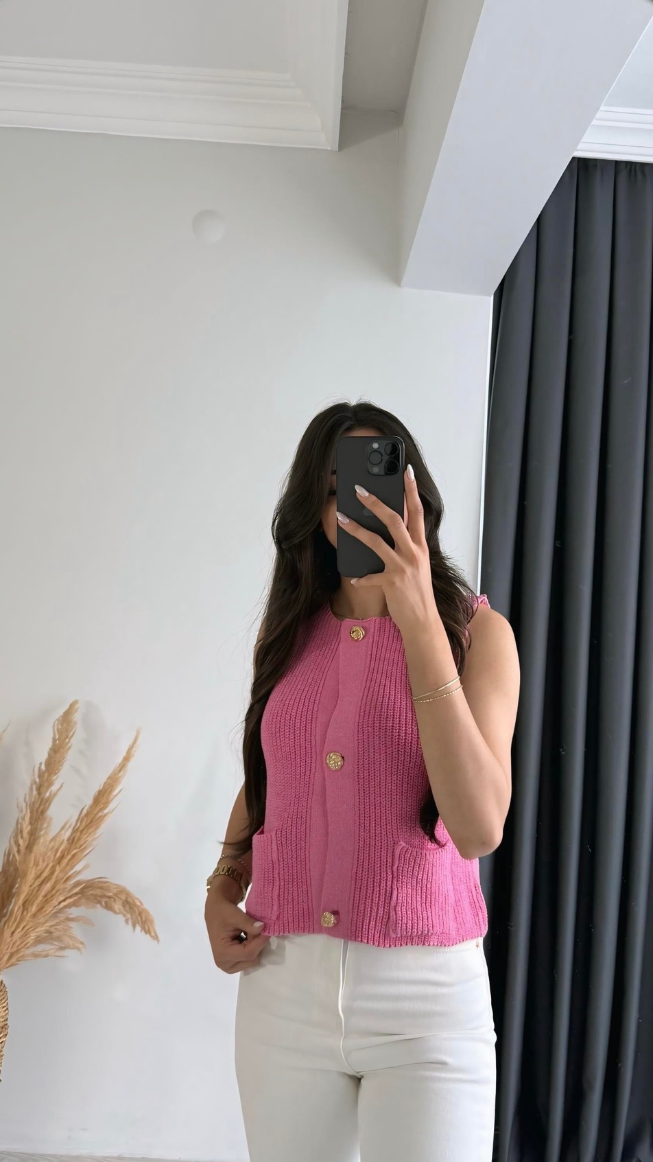 Freja Gold Düğmeli Triko Hırka Pembe
