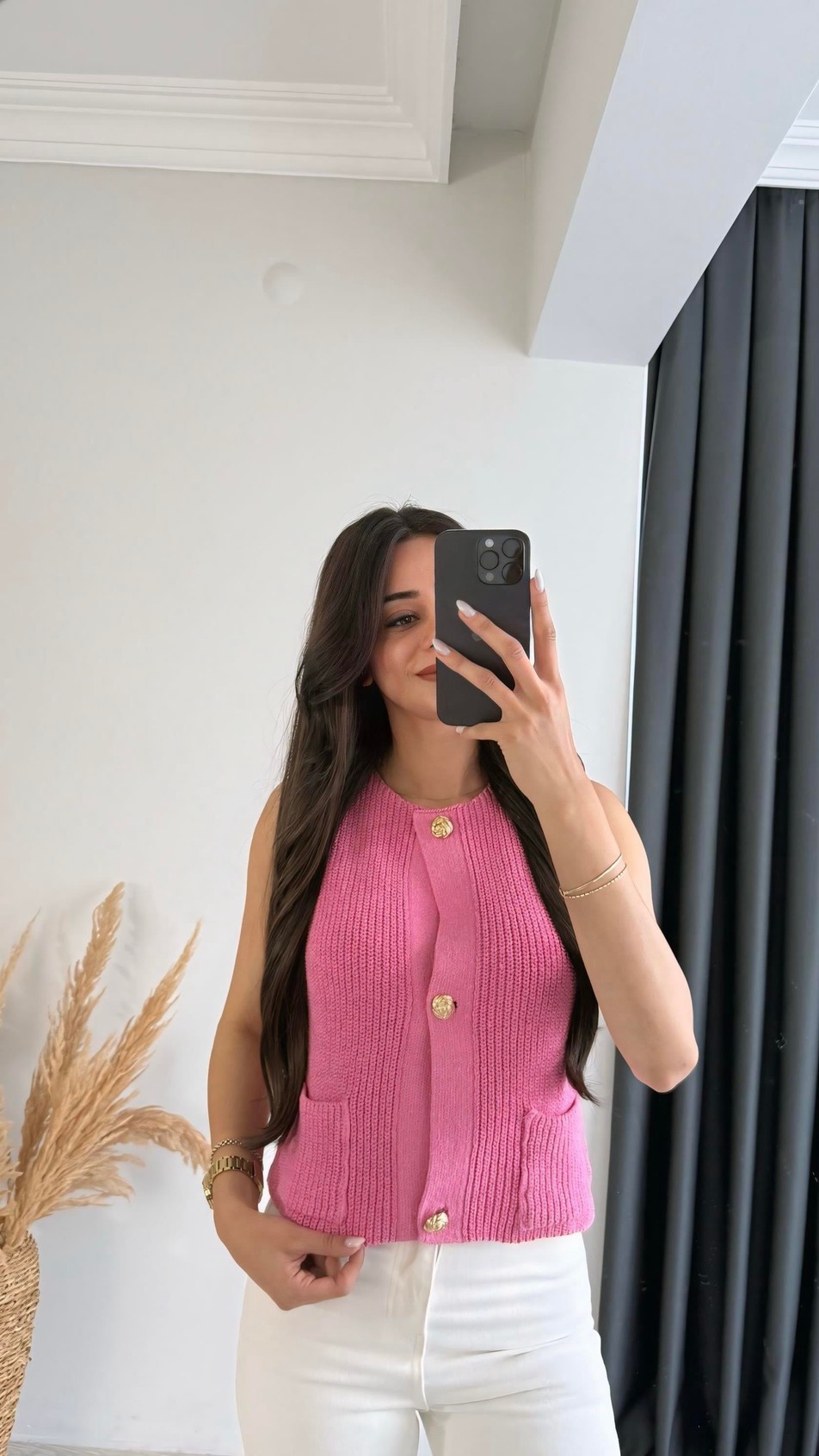 Freja Gold Düğmeli Triko Hırka Pembe