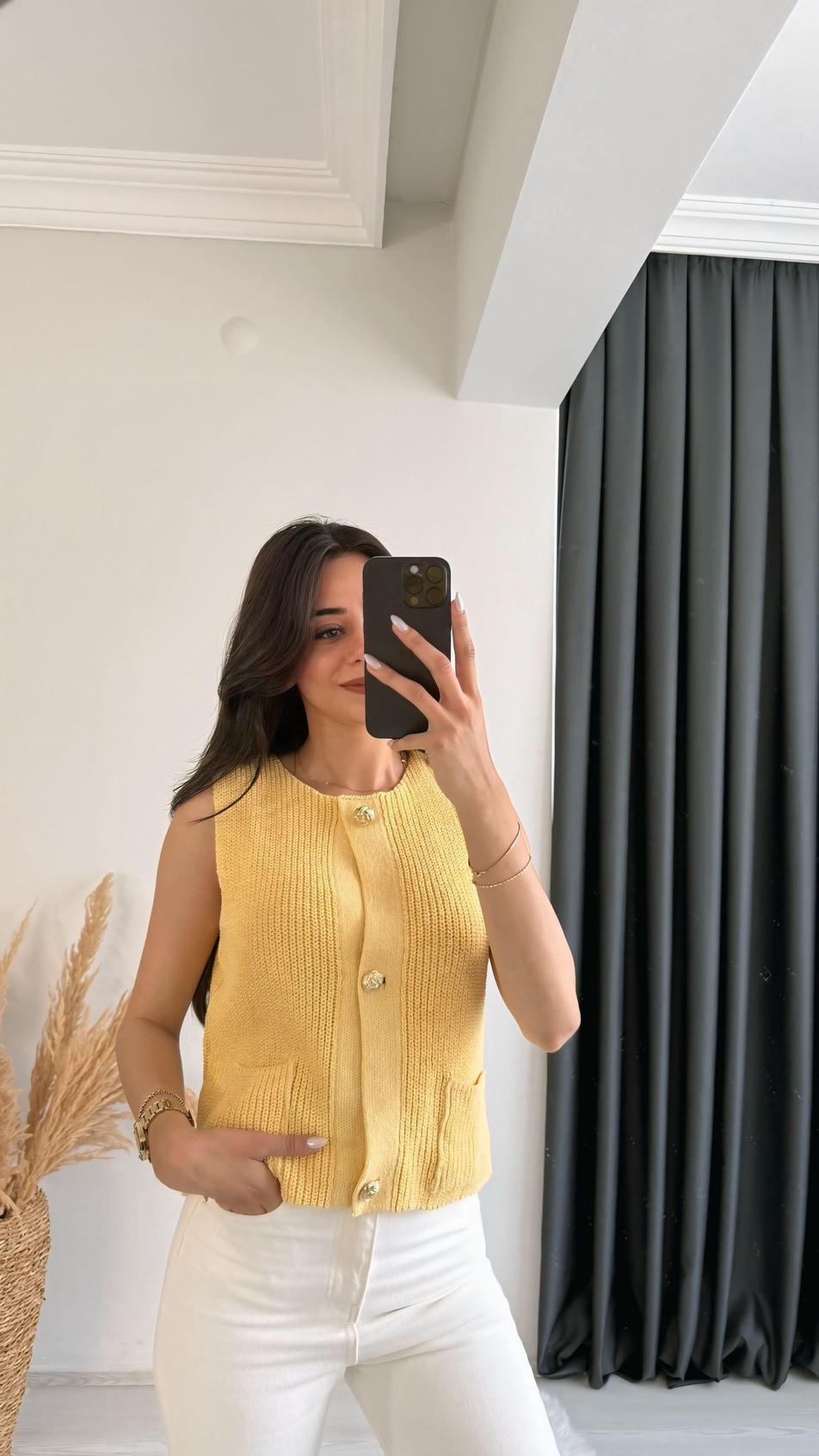 Freja Gold Düğmeli Triko Hırka Sarı