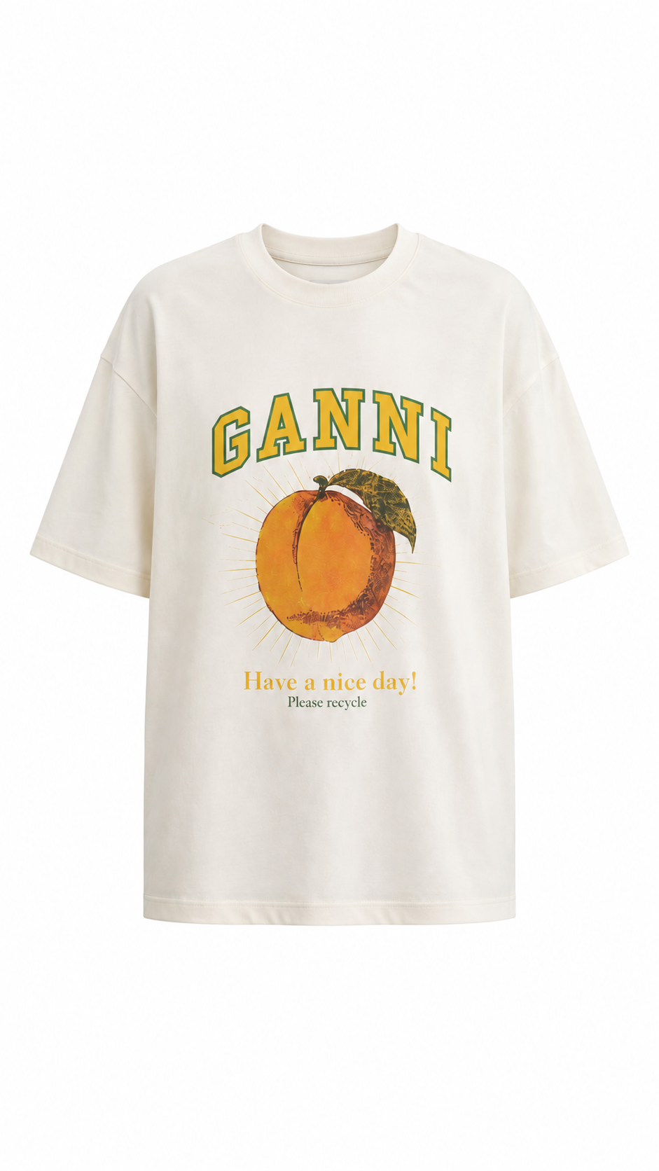Ganni Yazılı Baskılı Pamuklu  Basic Tshirt Ekru Sarı