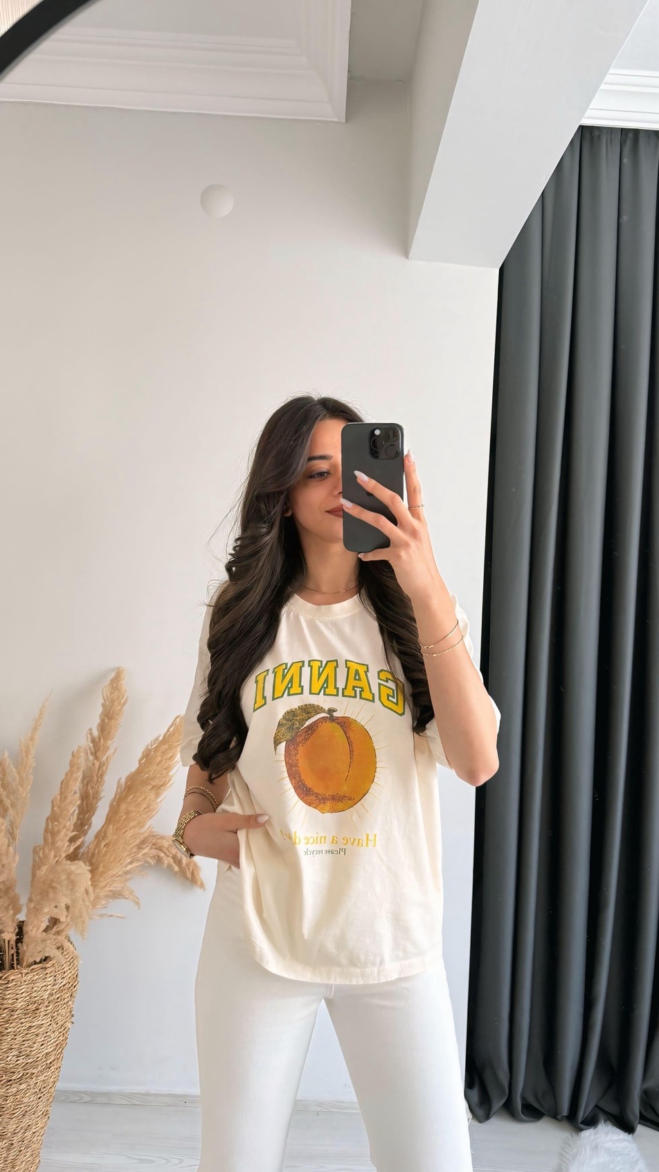 Ganni Yazılı Baskılı Pamuklu  Basic Tshirt Ekru Sarı