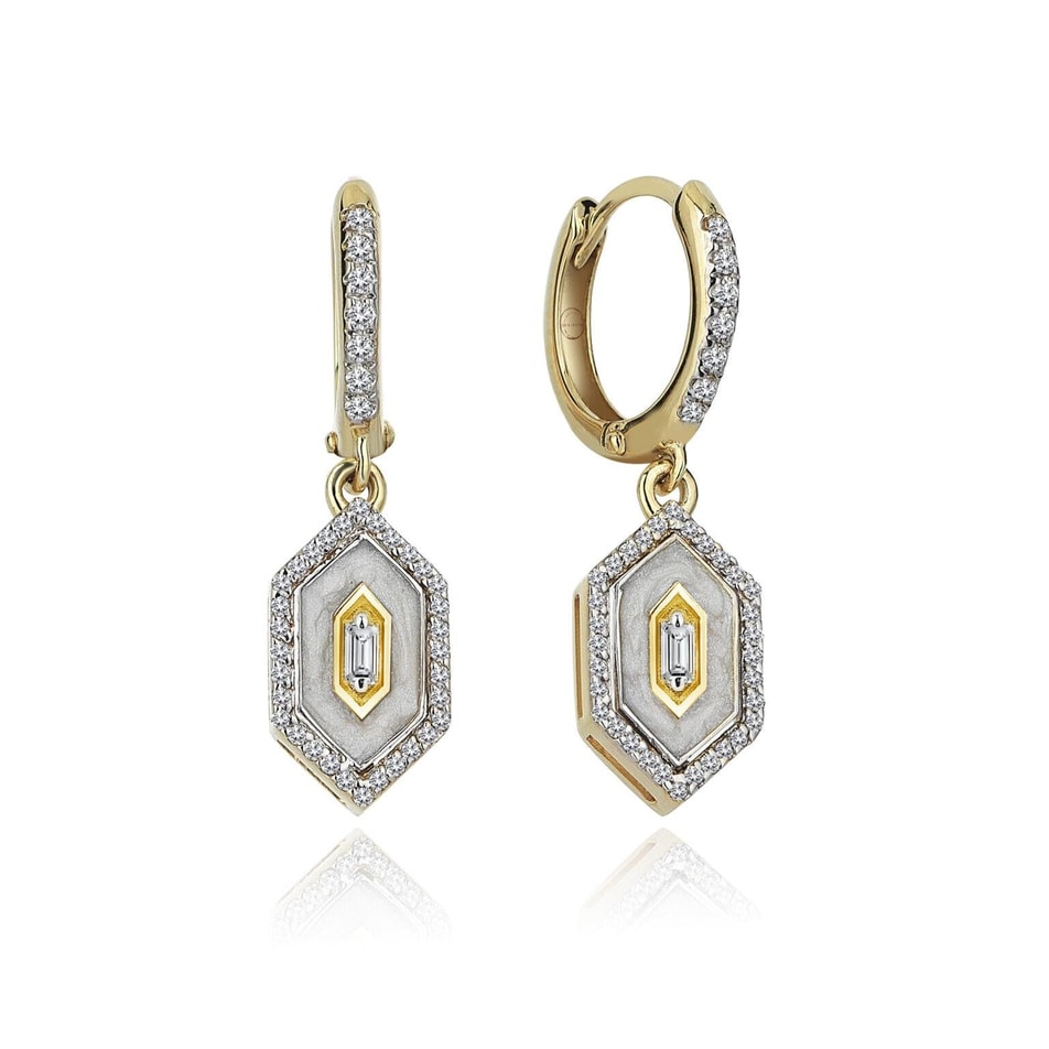 Gold Silver Beyaz Mineli Altıgen Tasarım Küpe 14K Kaplamalı 