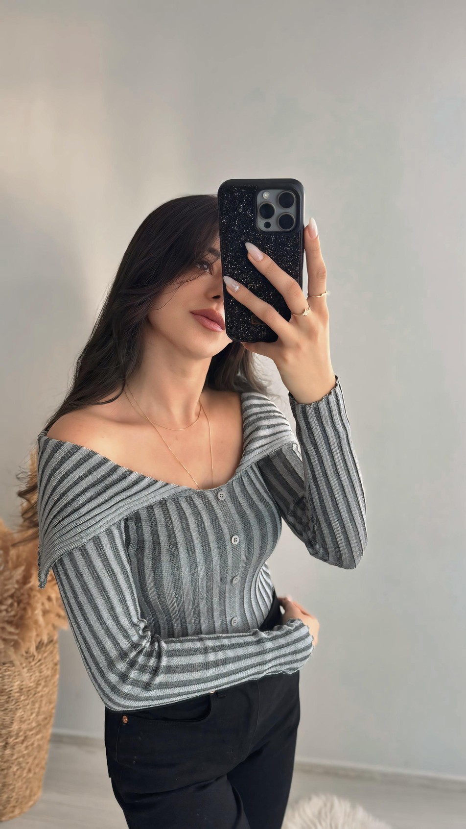 Gri Madonna Yaka Düğmeli Hırka