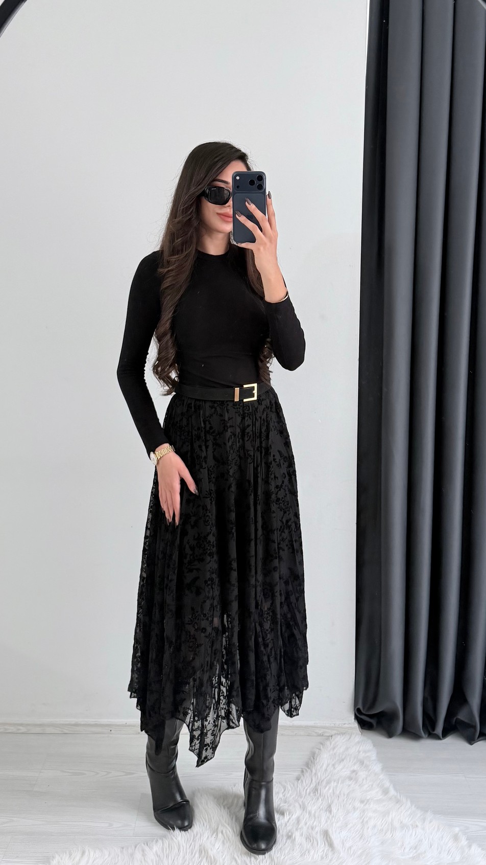 Harle Siyah Flok Baskı Maxi Asimetrik Etek 