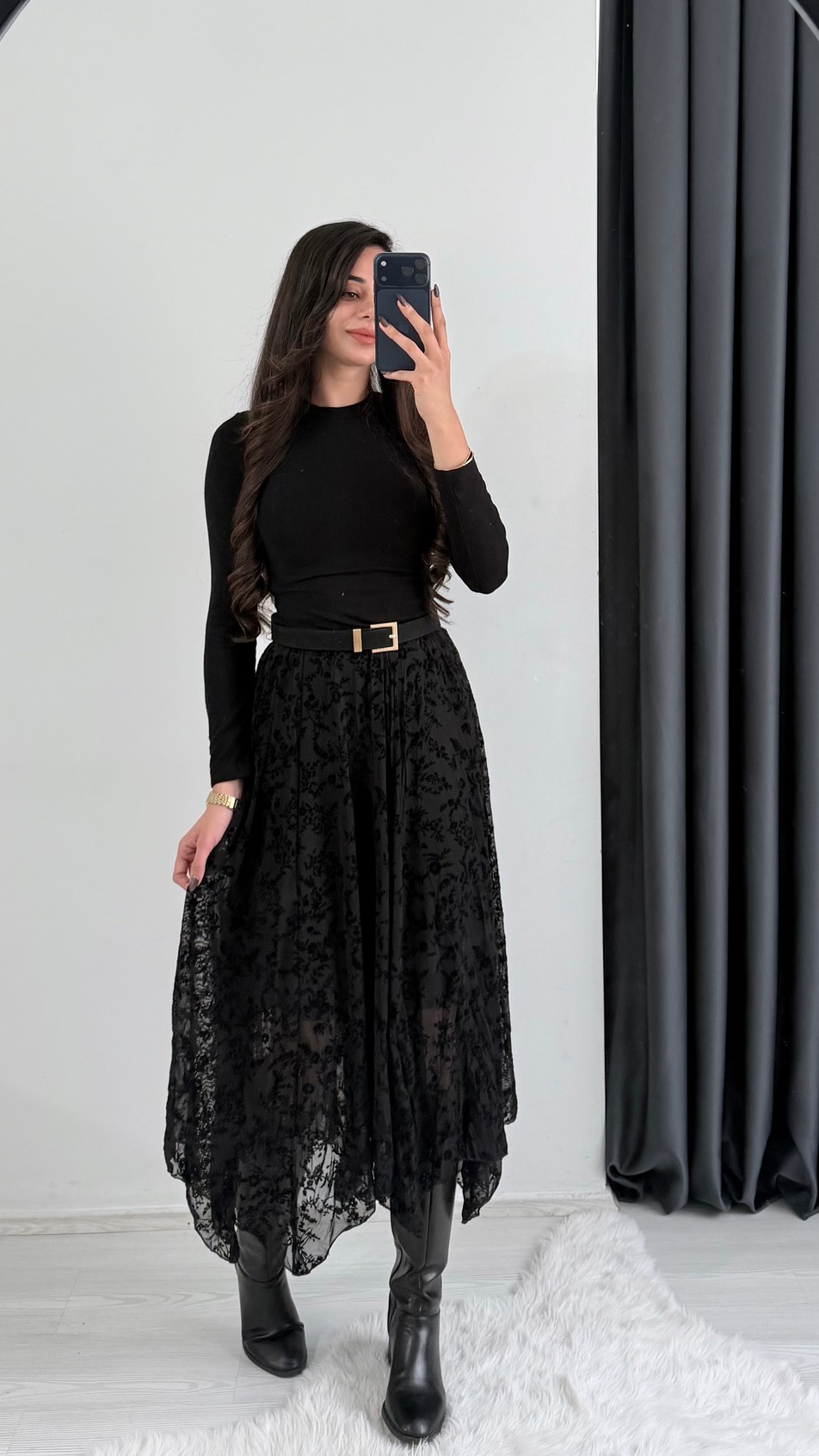Harle Siyah Flok Baskı Maxi Asimetrik Etek 