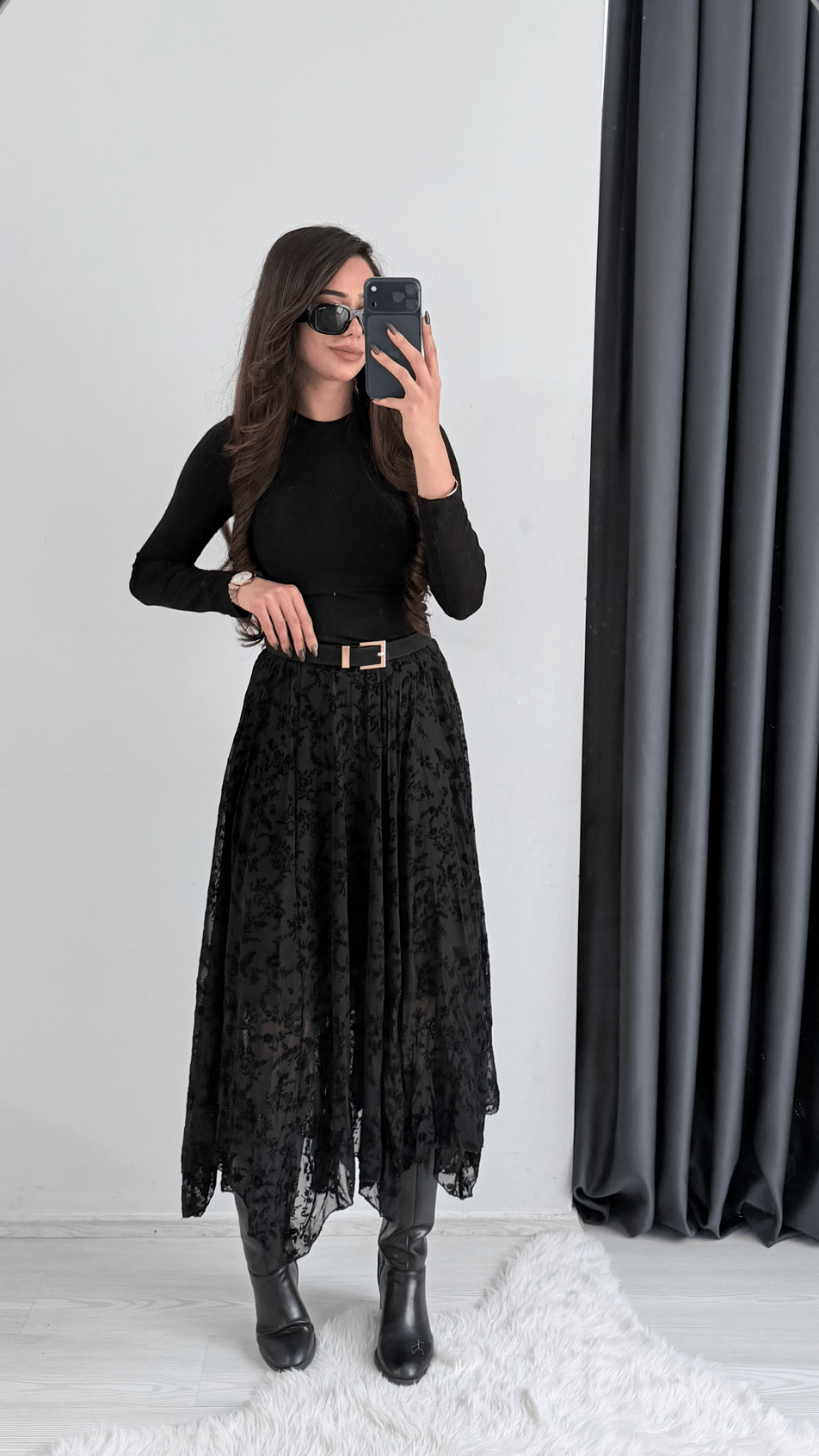Harle Siyah Flok Baskı Maxi Asimetrik Etek 