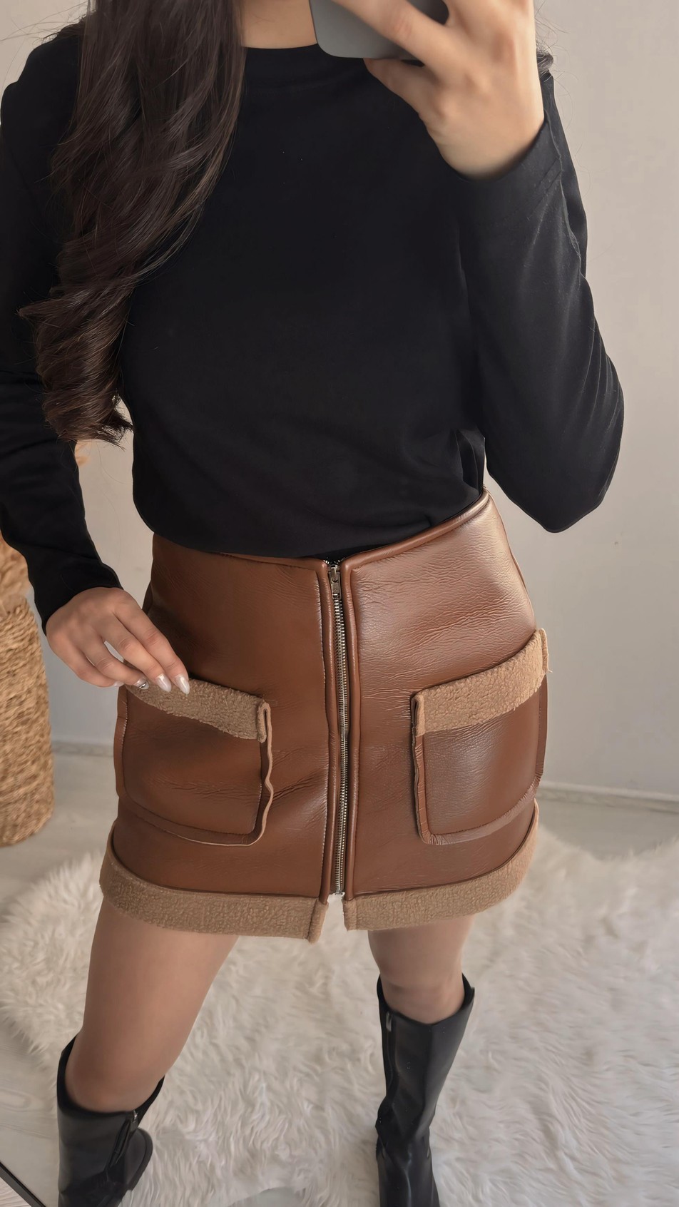Hotic Deri Teddy Karışımlı Cepli Etek