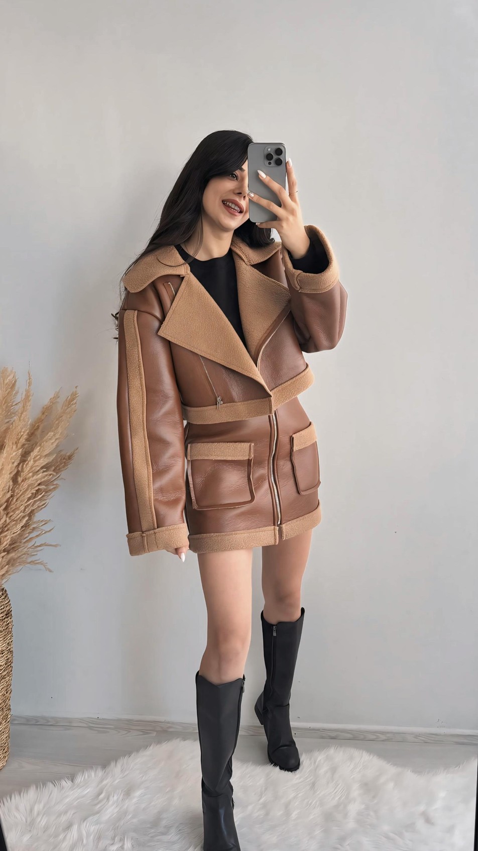 Hotic Deri Teddy Karışımlı Cepli Etek
