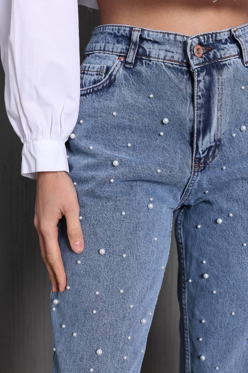 İnci Detay Açık Mavi Mom Jean