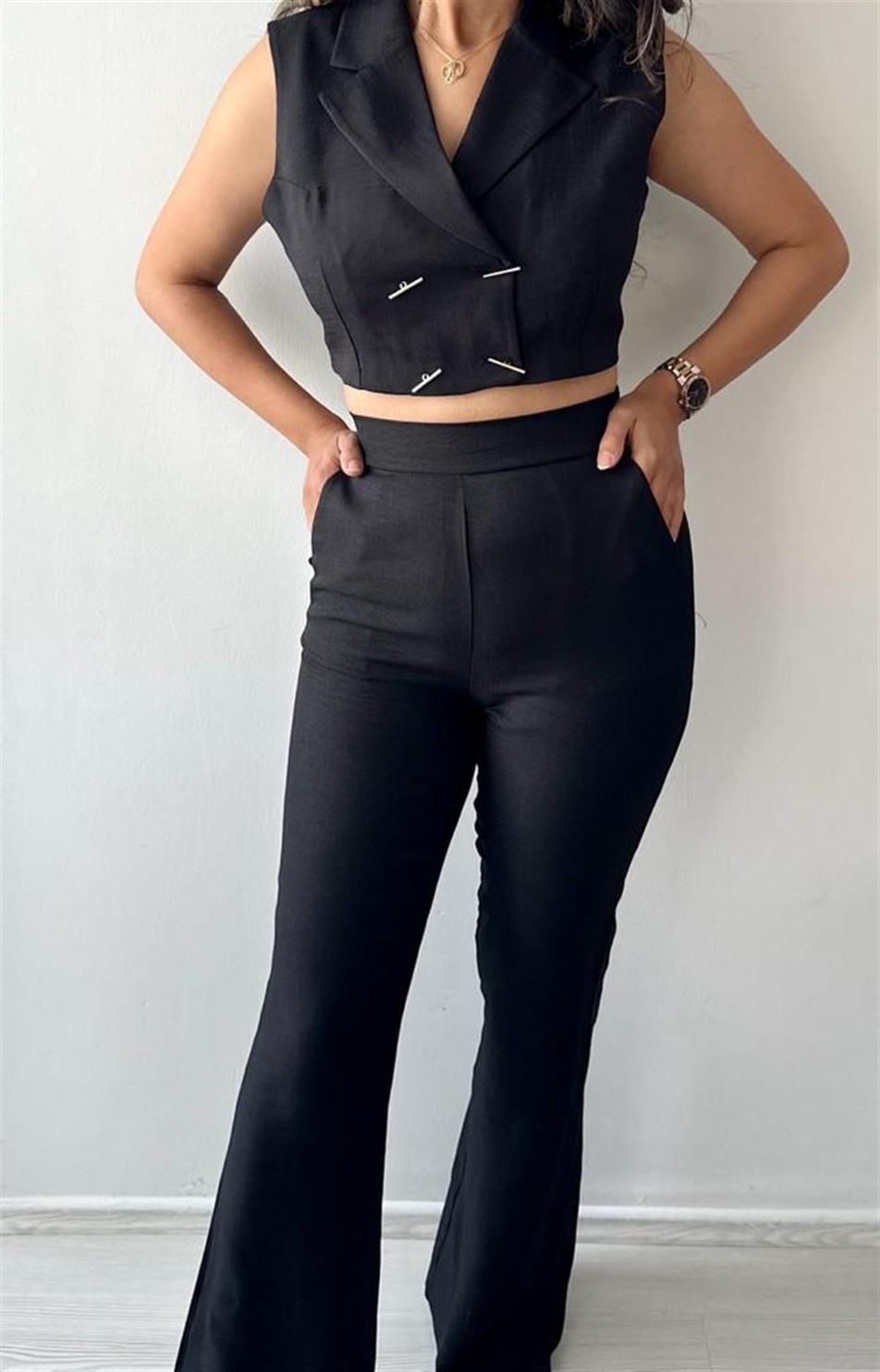 İspanyol paça Keten Kumaş Pantalon Siyah