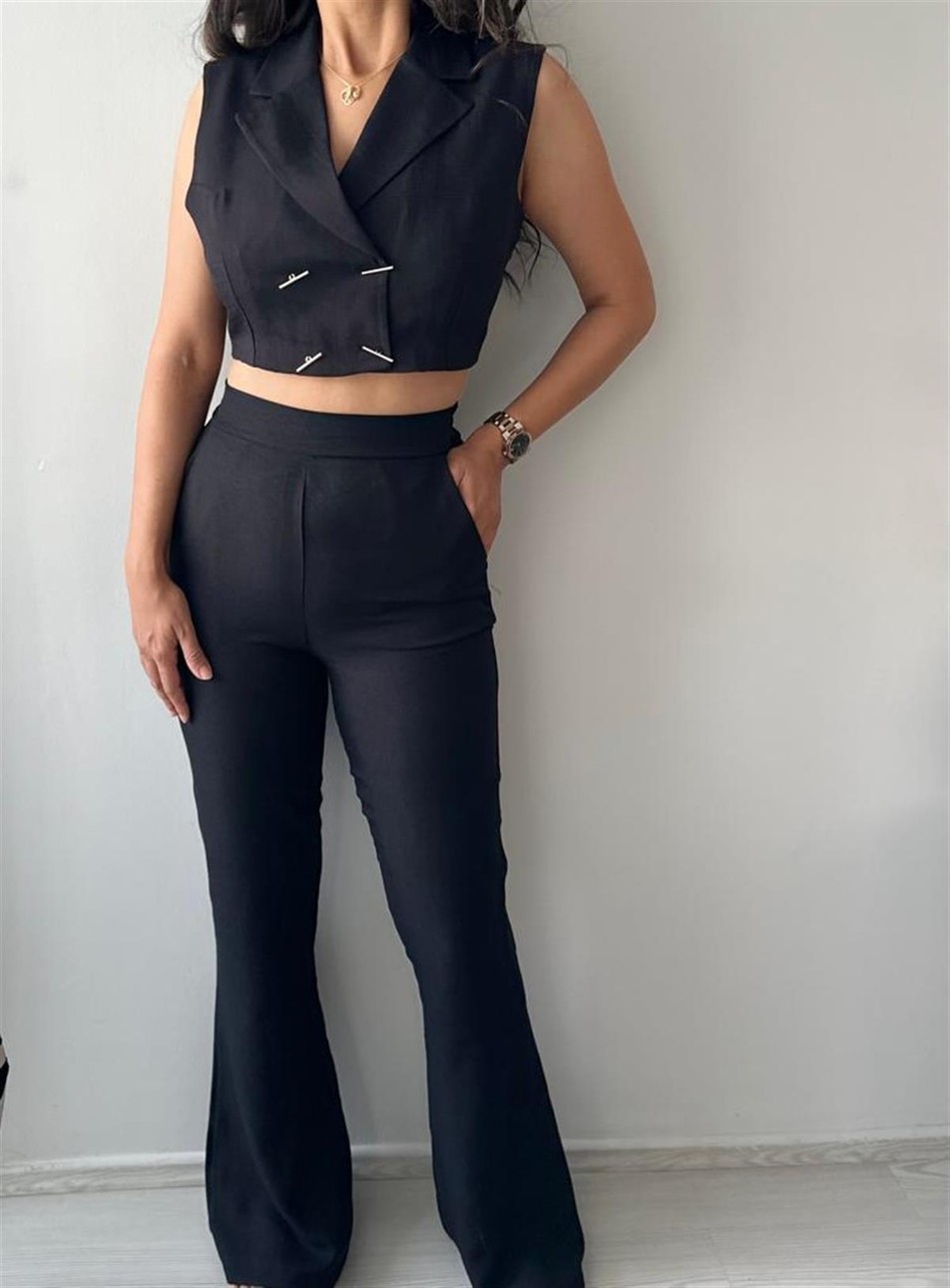 İspanyol paça Keten Kumaş Pantalon Siyah