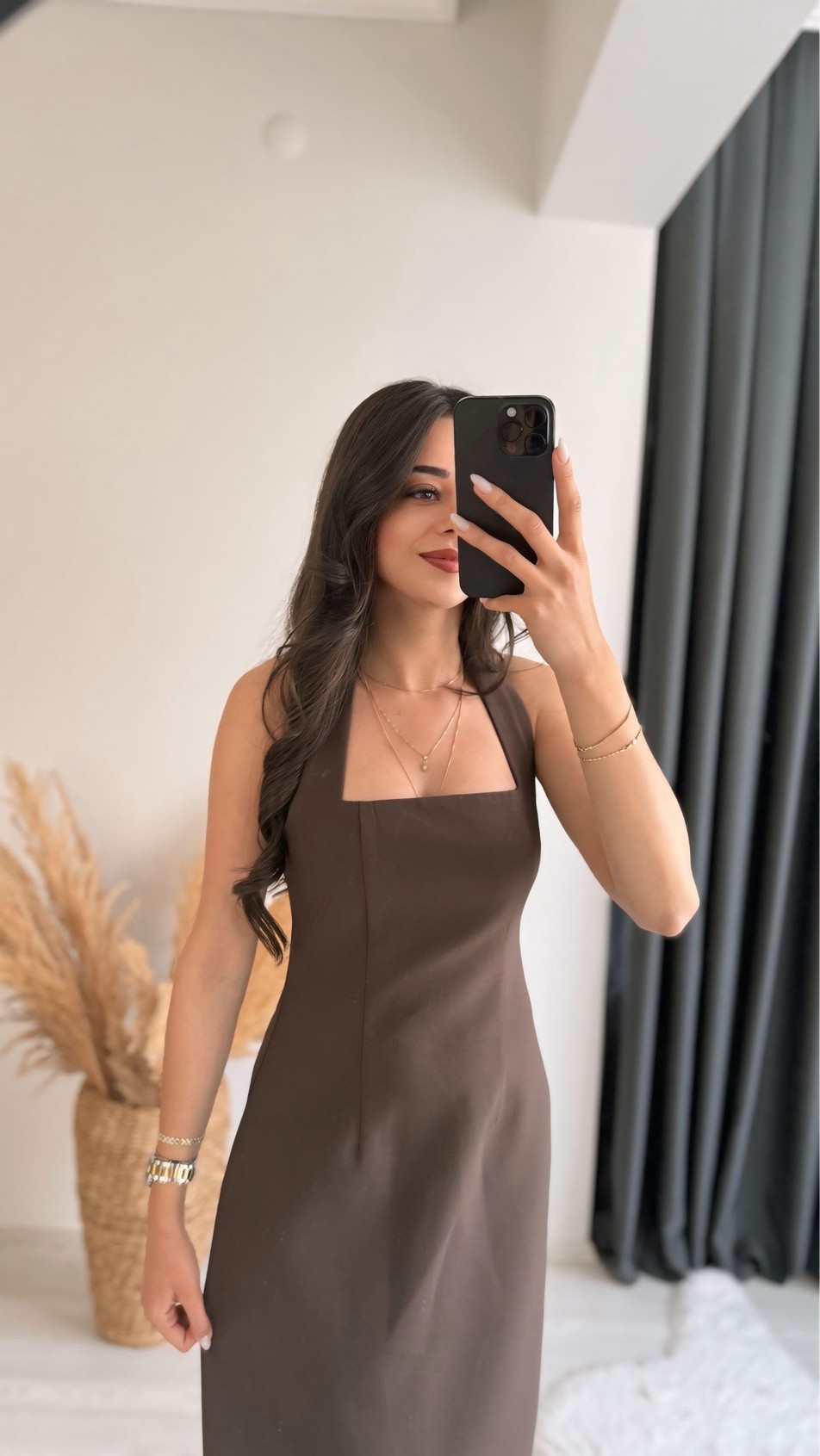 Jupiter Kahve Boyun Askılı Krep Elbise