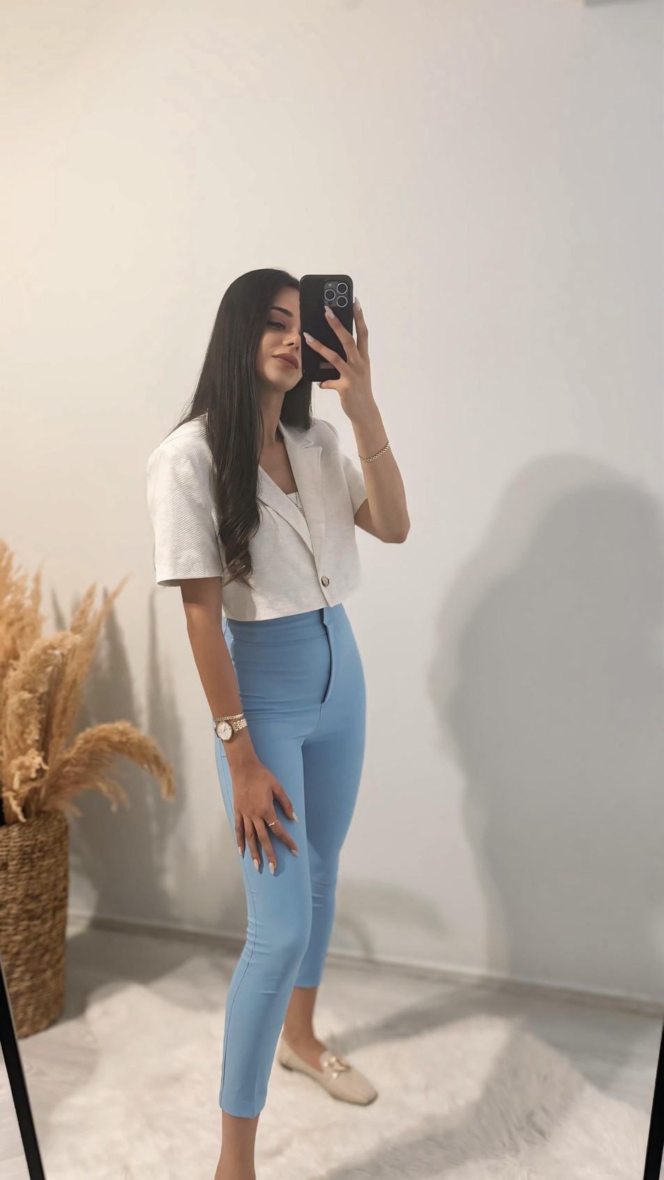 Keten Crop Blazer Ceket Kemik