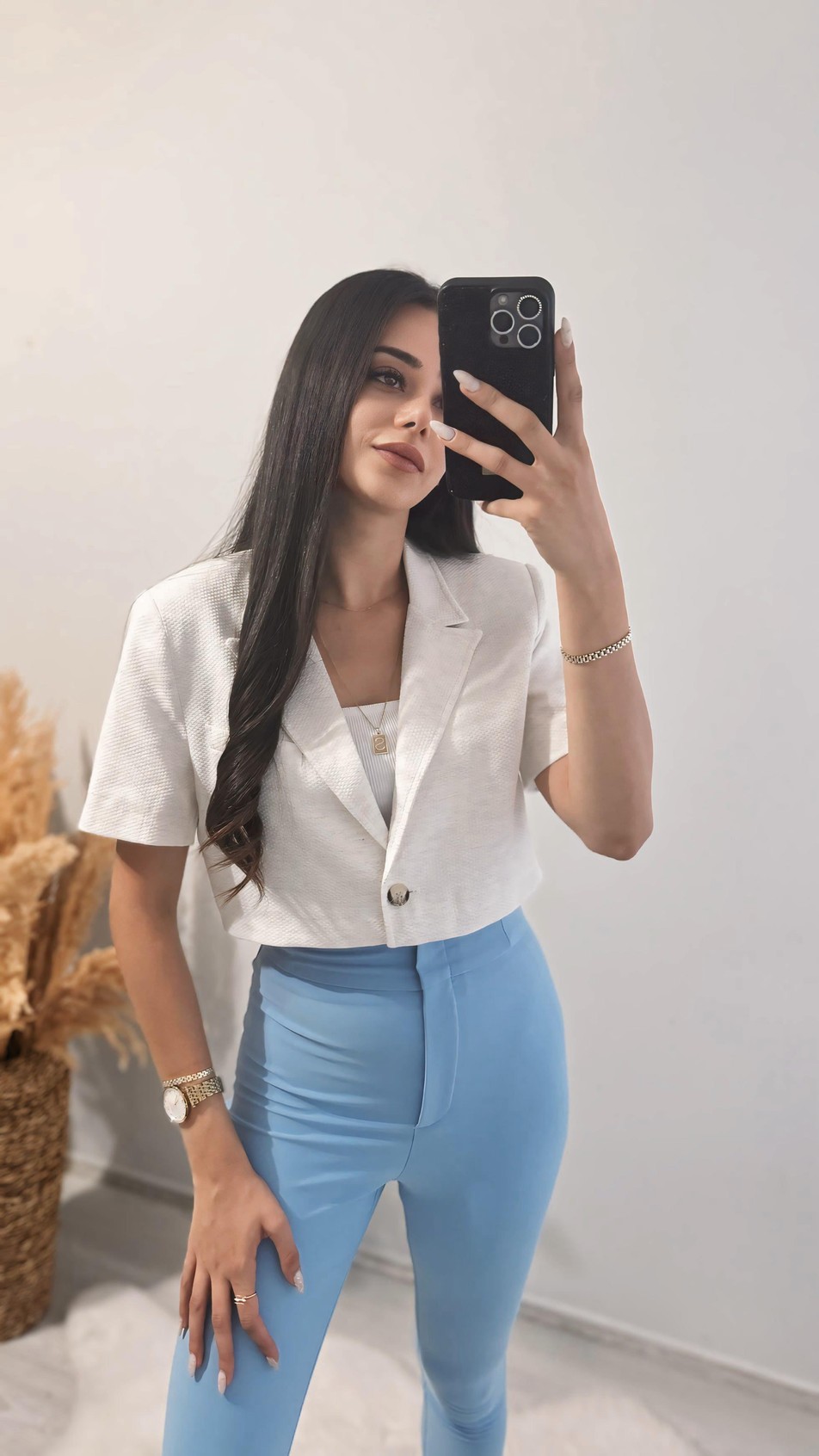Keten Crop Blazer Ceket Kemik