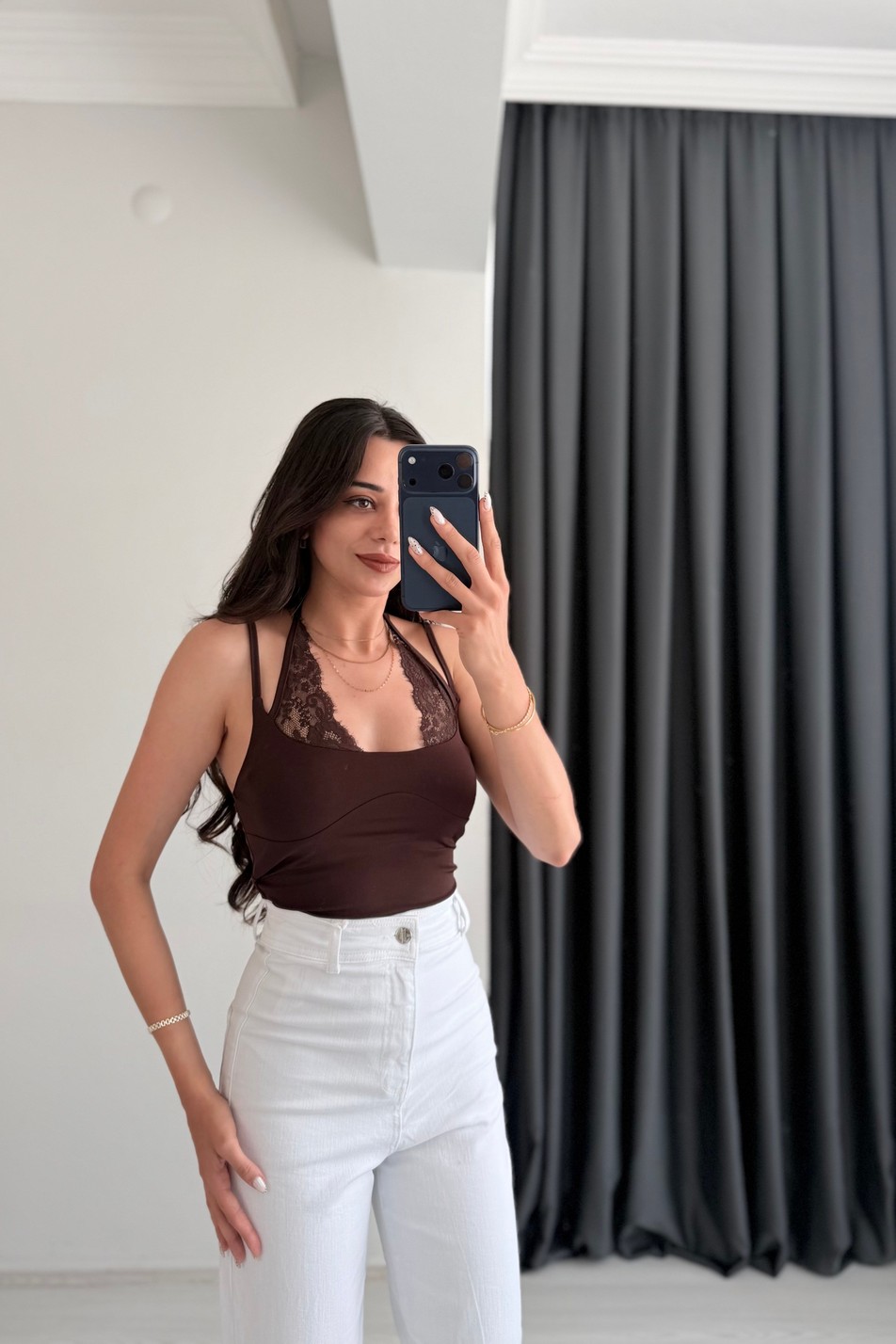 Kindy Kahverengi Dantel Detaylı Bodysuit