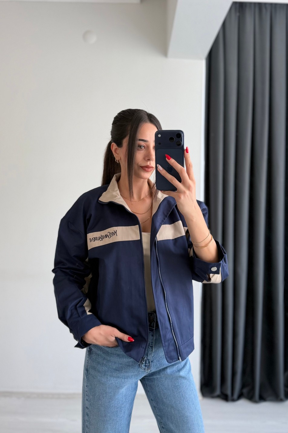 Lare Şerit Detaylı Marka Model Ceket Lacivert