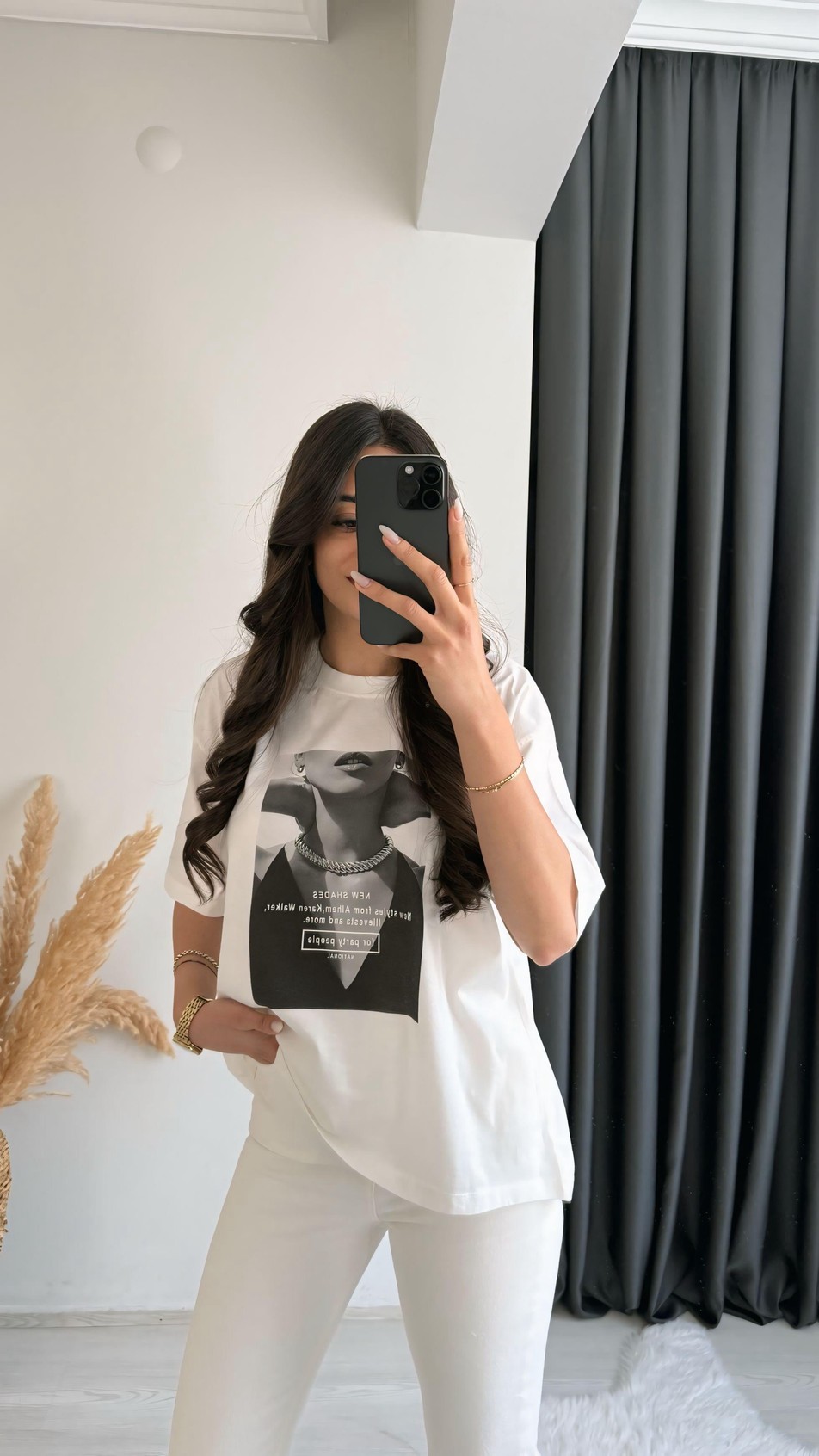 Laura Baskılı Pamuklu  Basic Tshirt Beyaz