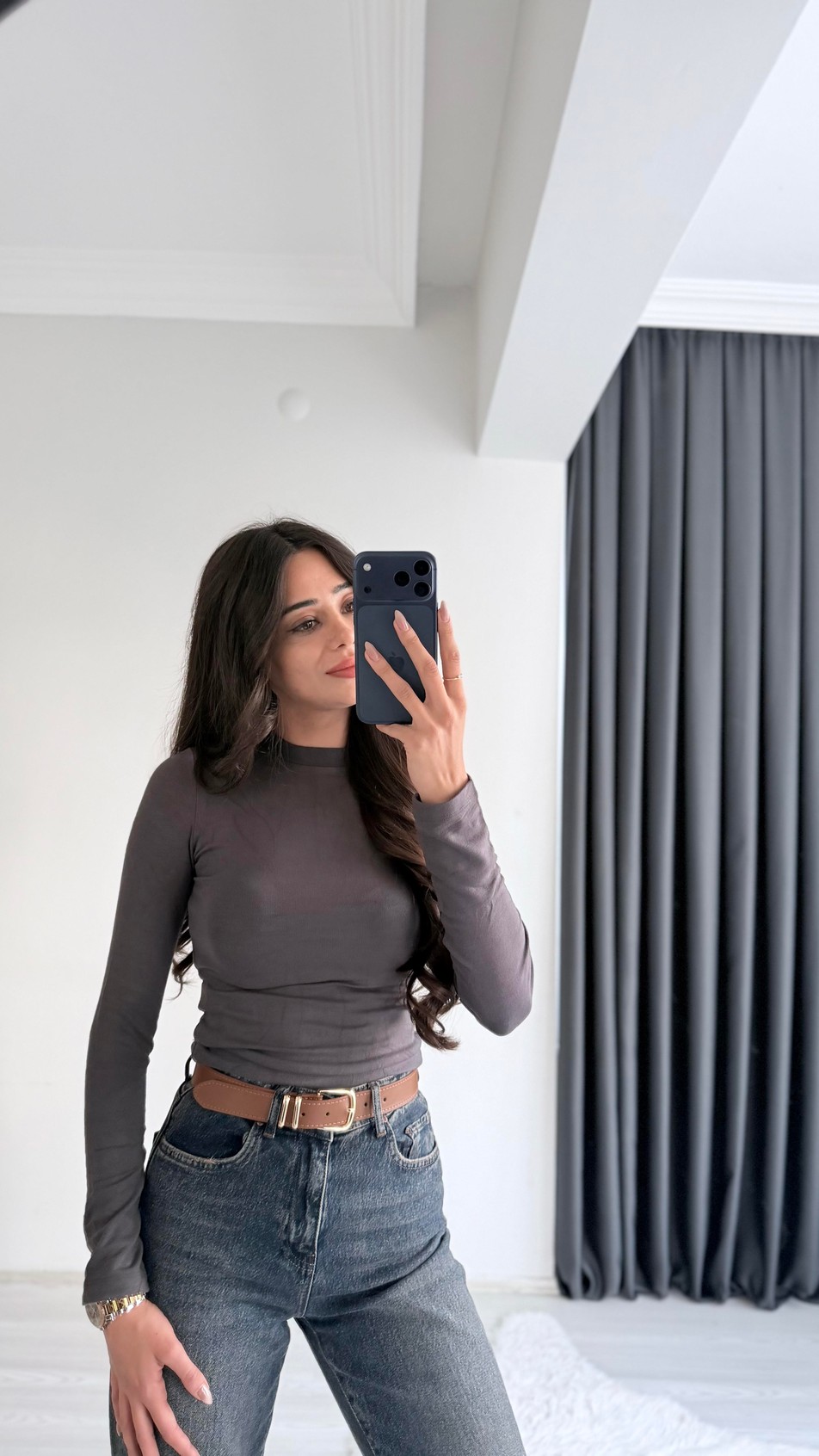 Lauron Masi Tam Pamuklu Soft Touch Likralı Basic Body Füme