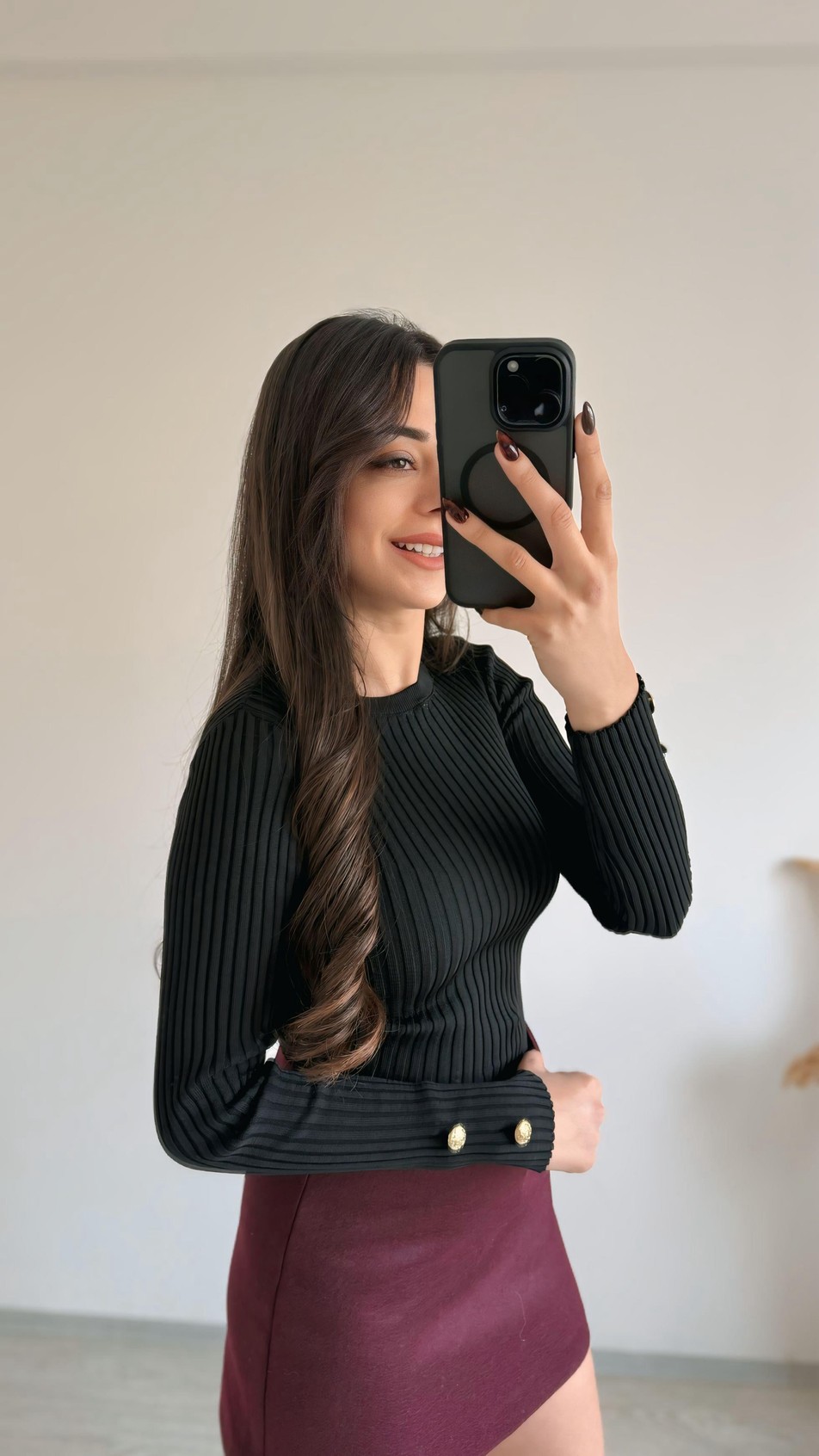 Livia Kolu Gold Düğmeli Basic Triko Siyah