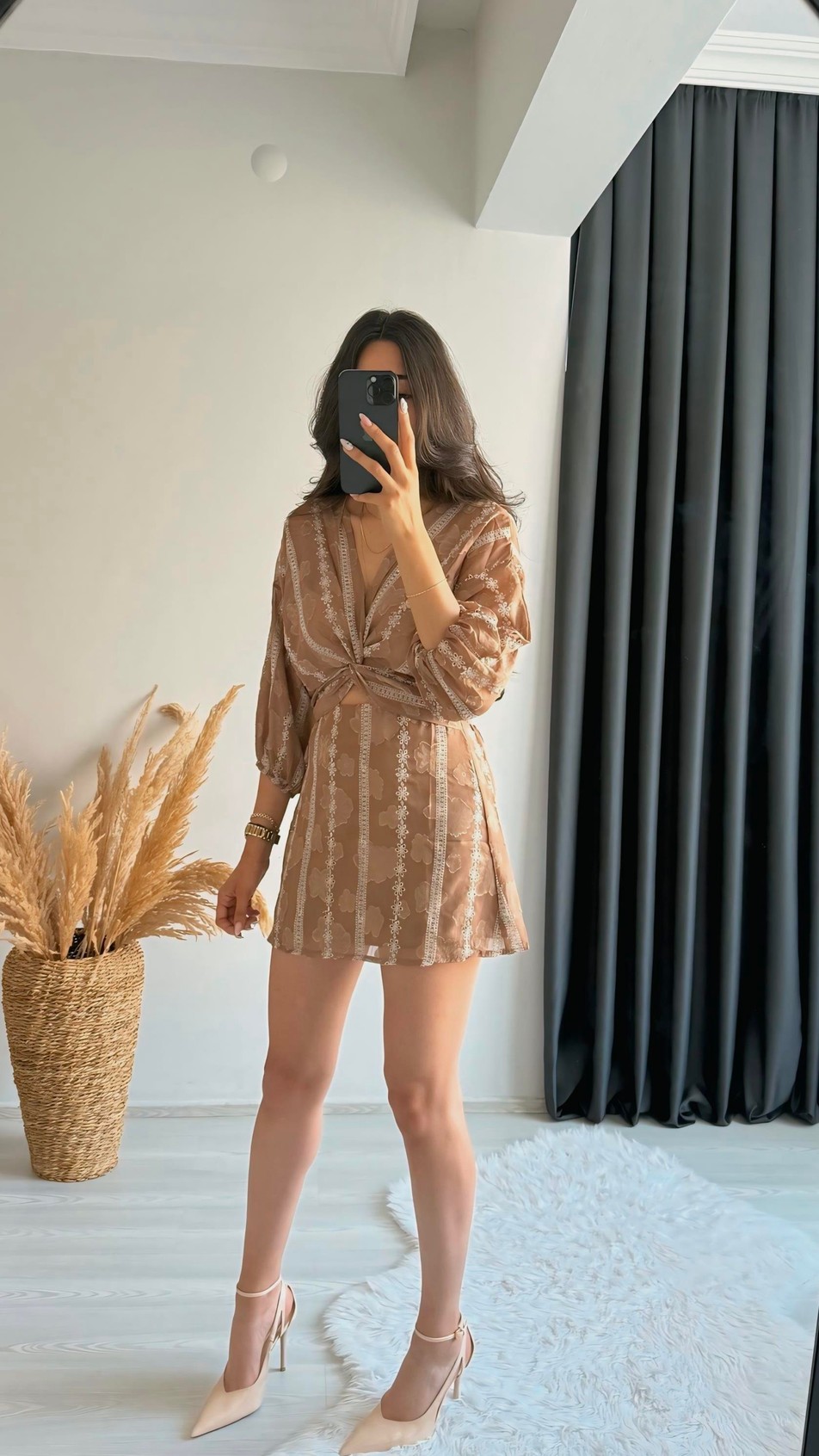 Lolita Transpran Dantel Kahverngi Mini Elbise