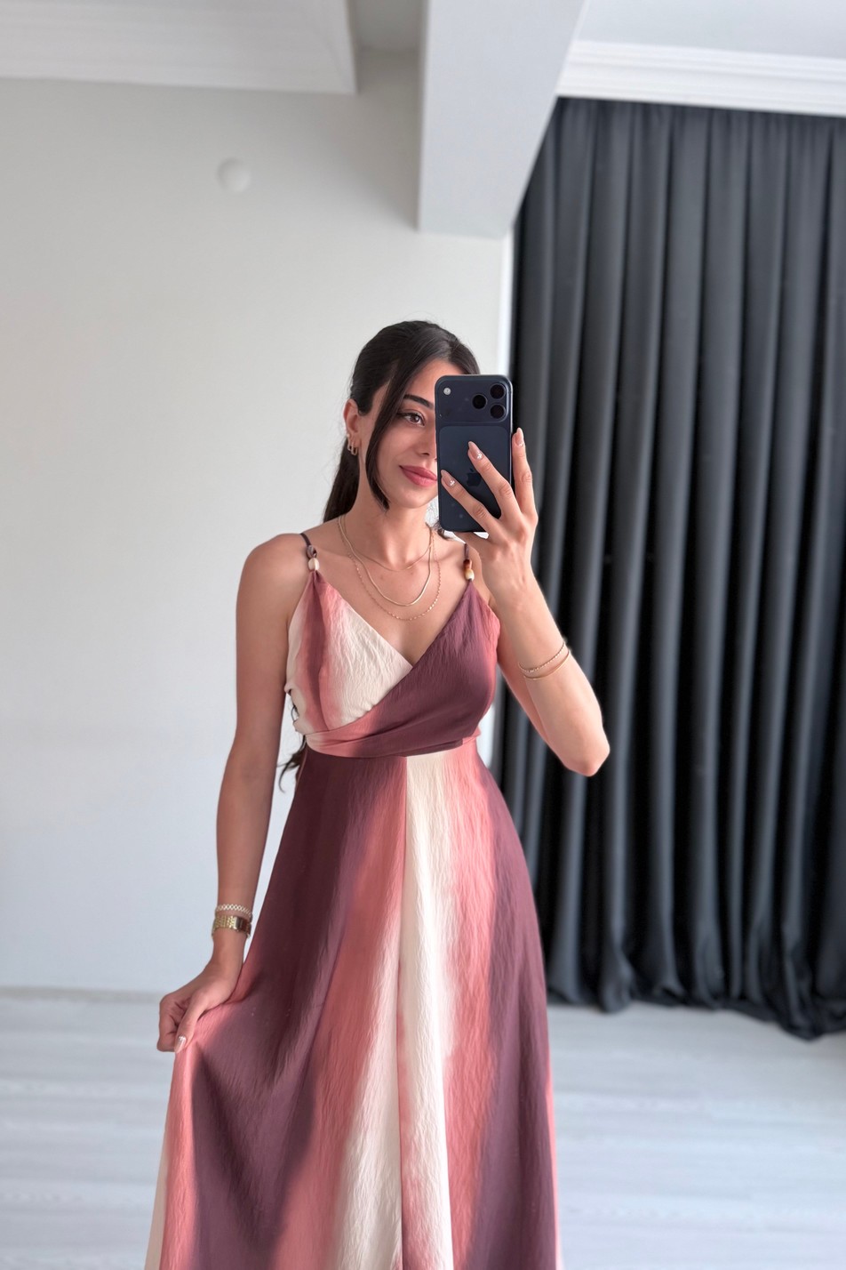 Lorette Boncuk Ve Sırt Detaylı Batik Midi Elbise