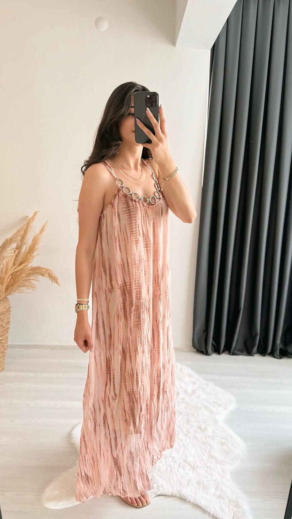 Lowa Orj Mrka Zincir Detaylı Batik Elbise Pembe 