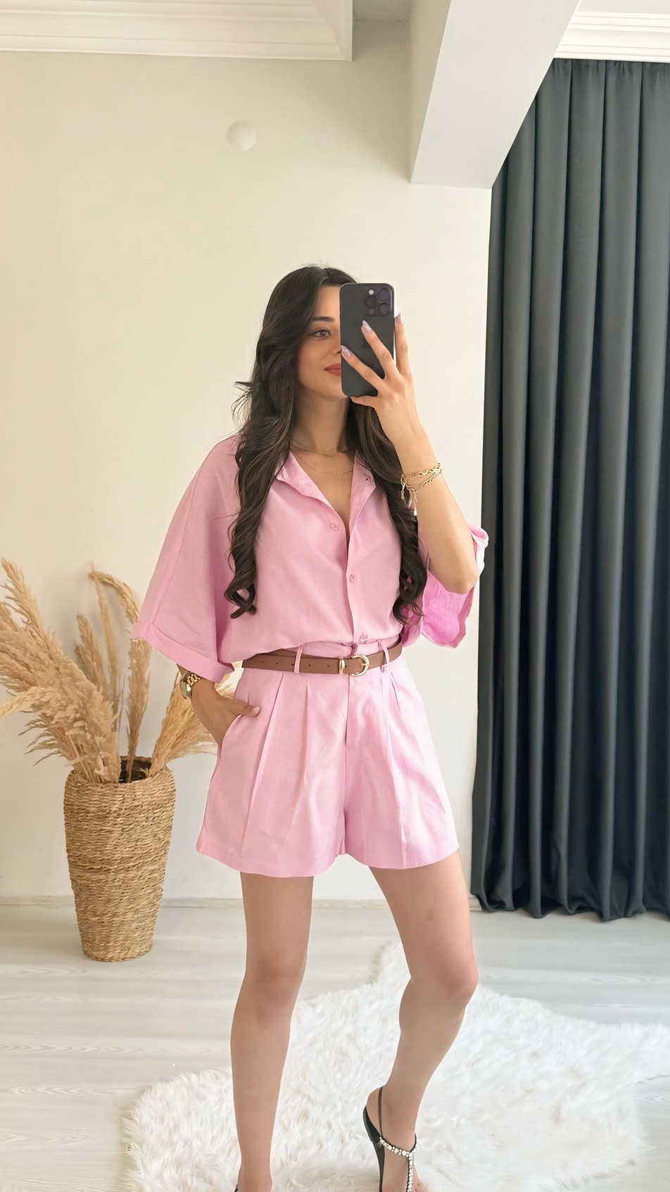 Mareis Pembe Gömlek Şort Keten Takım