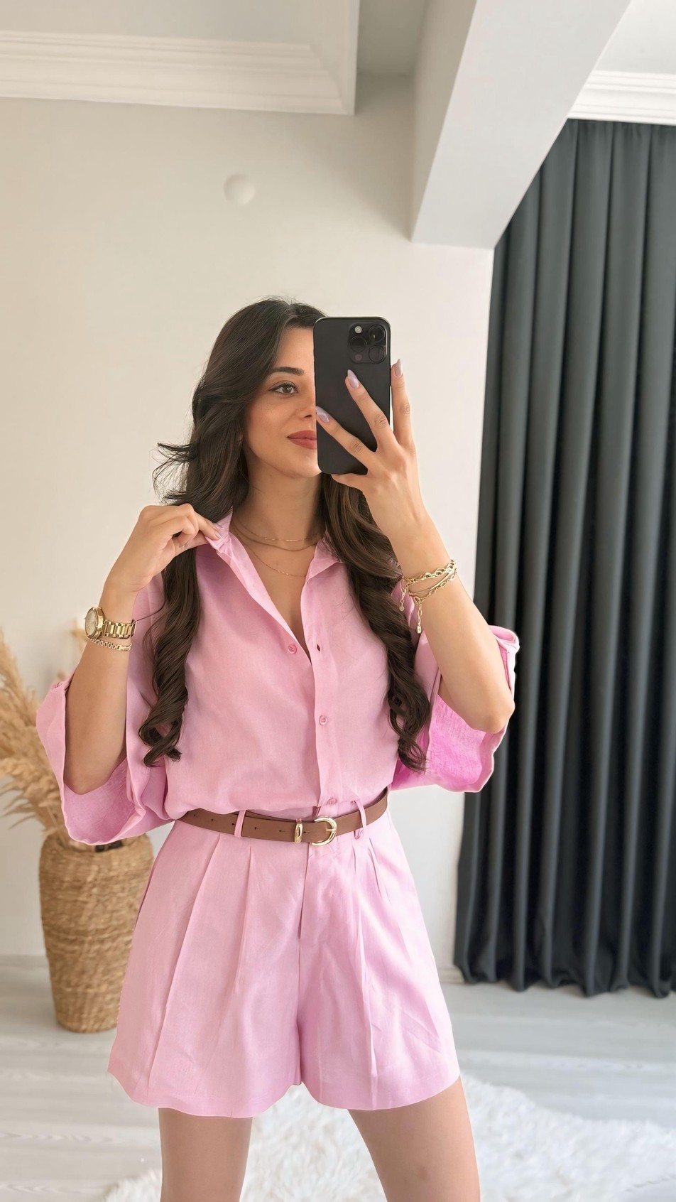 Mareis Pembe Gömlek Şort Keten Takım