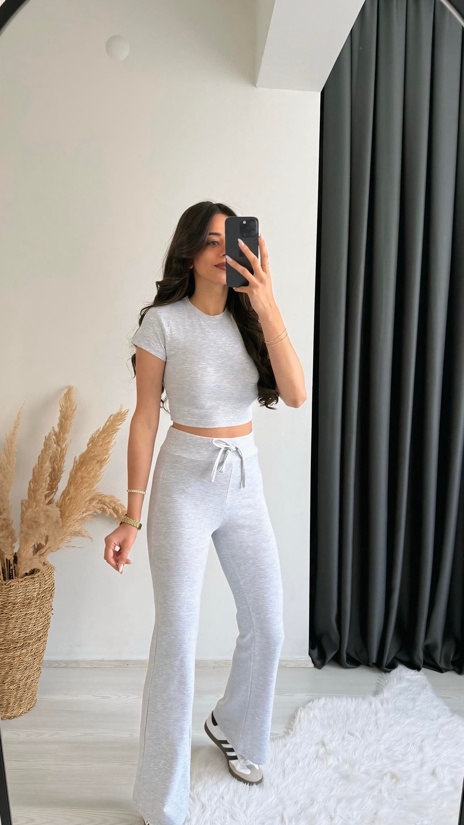 Mayra Orj Marka Gri Melanj Crop Pantolon İkili Takım