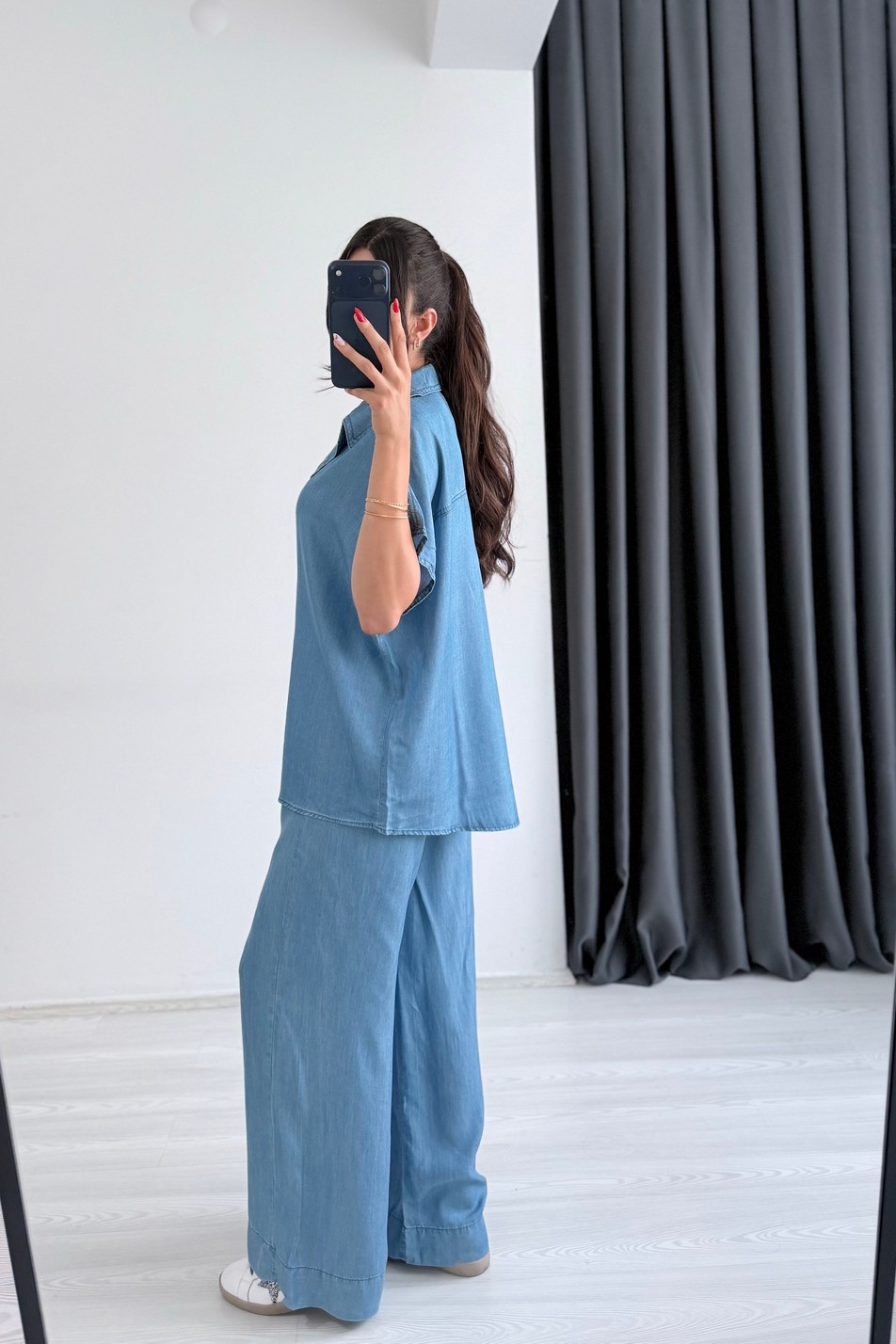 Molke İpek Tensel Açık Mavi Denim Takım