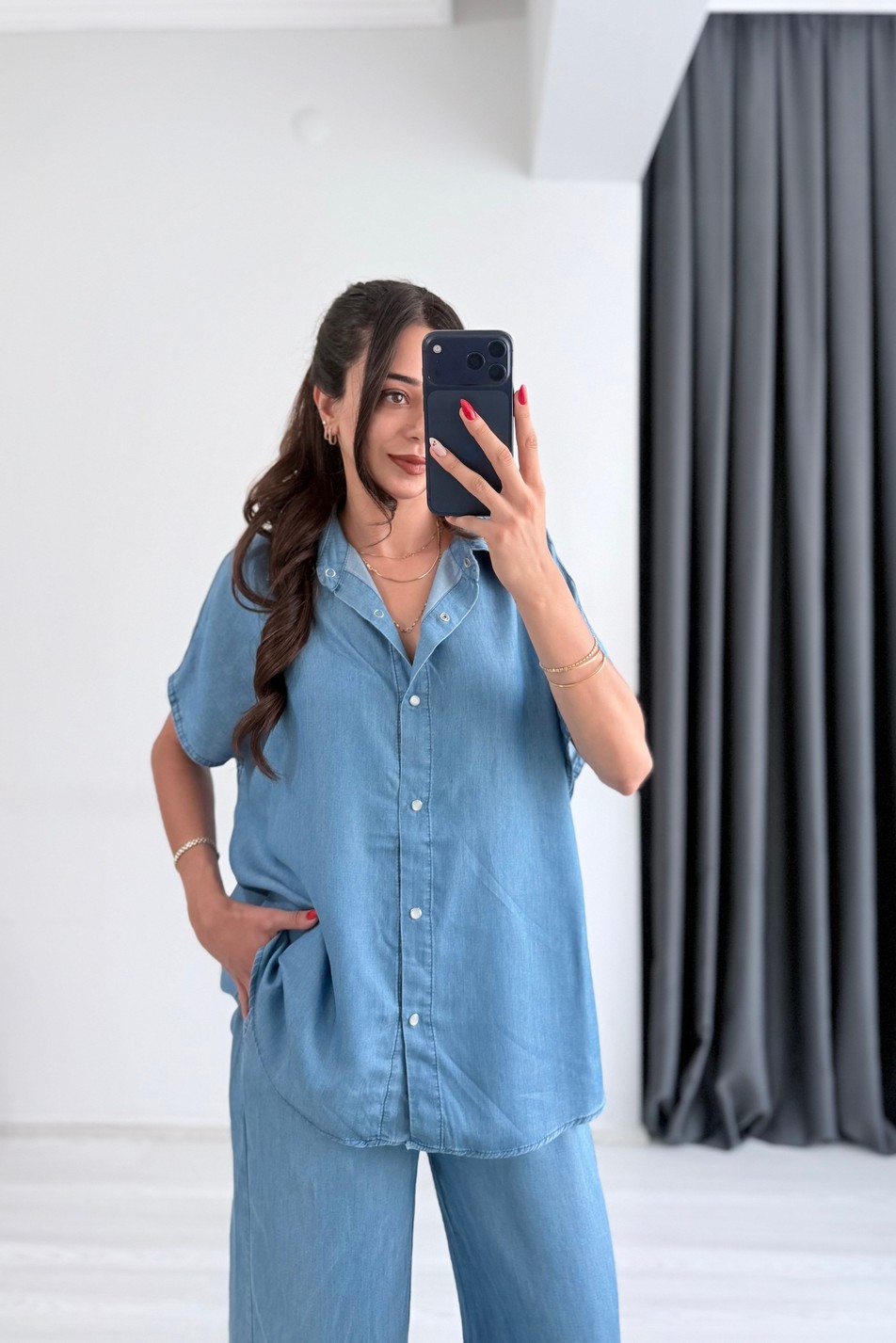 Molke İpek Tensel Açık Mavi Denim Takım