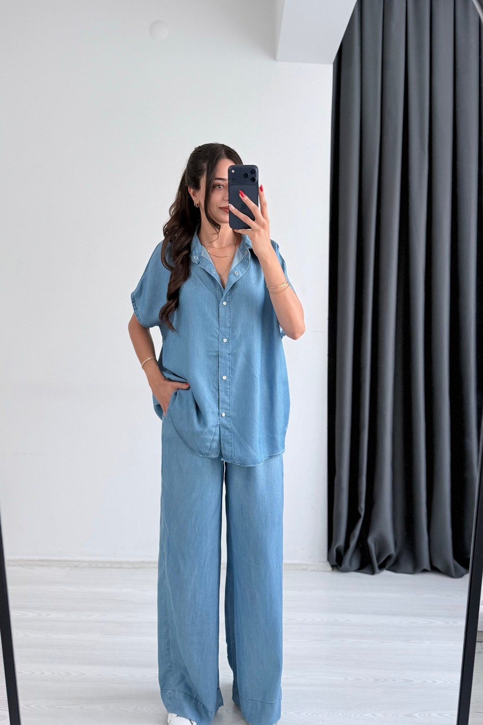 Molke İpek Tensel Açık Mavi Denim Takım