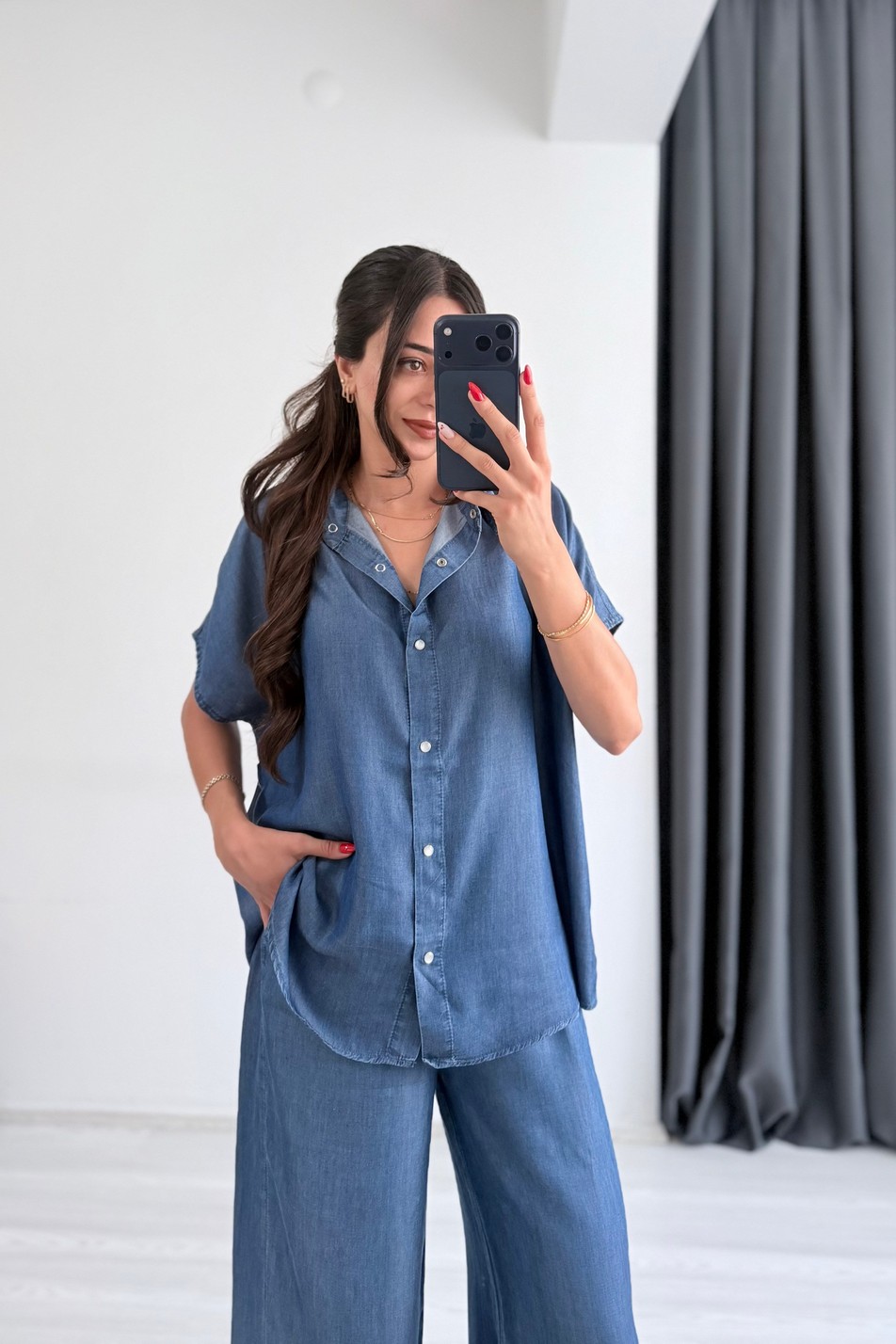 Molke İpek Tensel Koyu Mavi Denim Takım