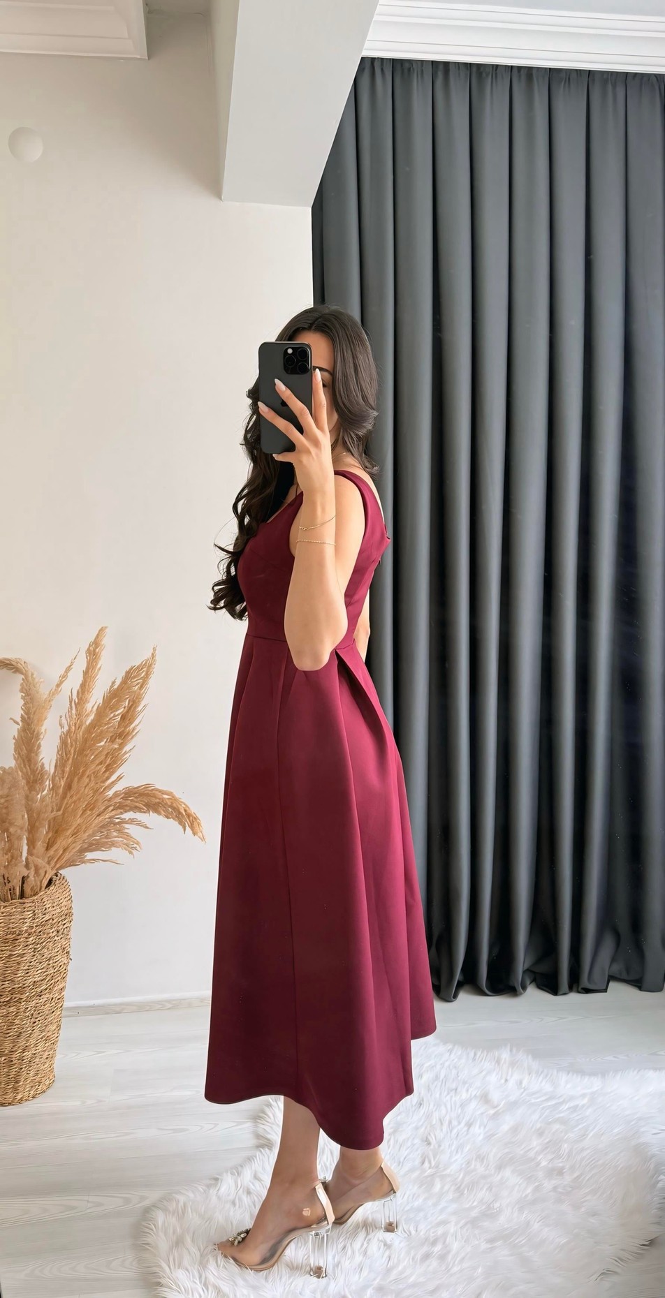 Monge Premium Seri Double Atlas Kumaş Midi Boy Kloş Elbise Bordo