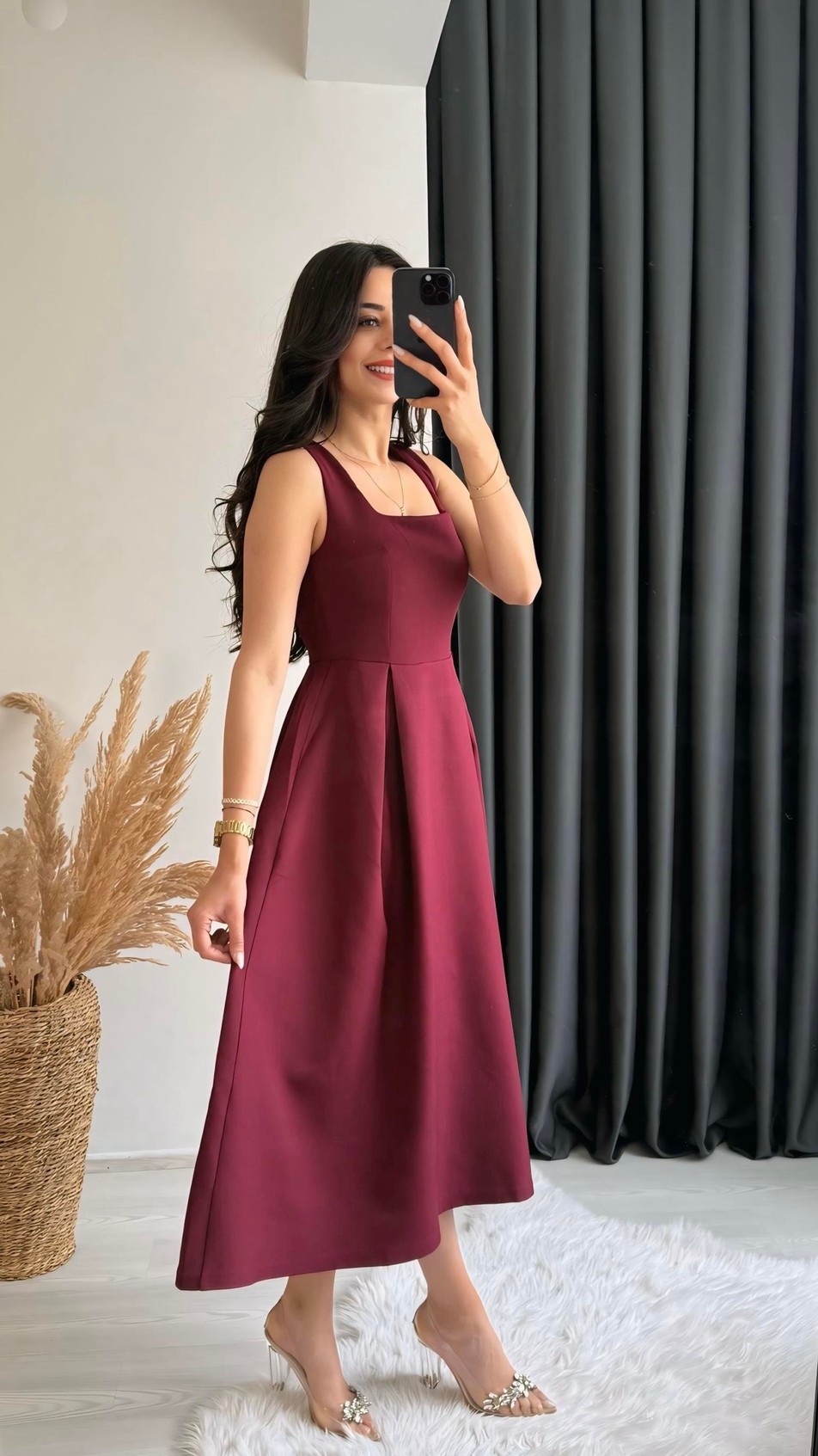 Monge Premium Seri Double Atlas Kumaş Midi Boy Kloş Elbise Bordo