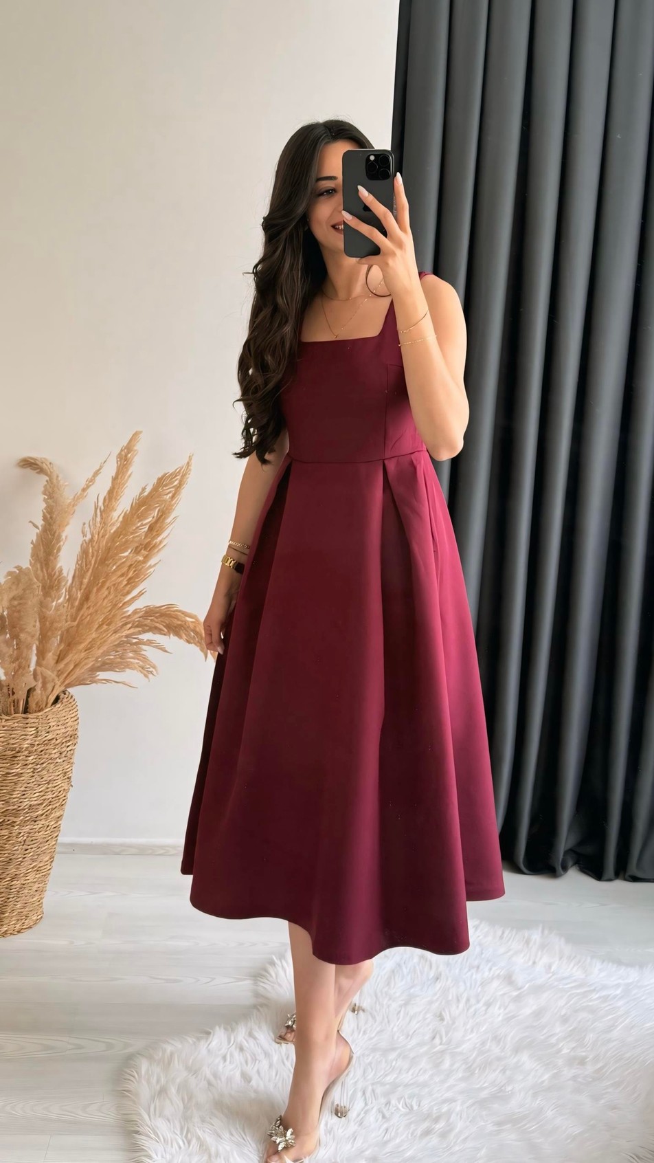 Monge Premium Seri Double Atlas Kumaş Midi Boy Kloş Elbise Bordo