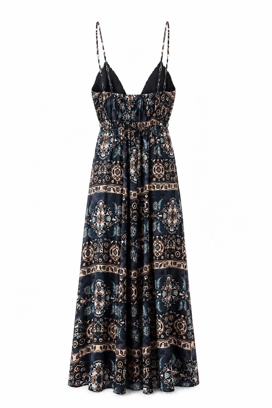 Nolai Şifon İp Askılı Desenli Lacivert Şifon Elbise 