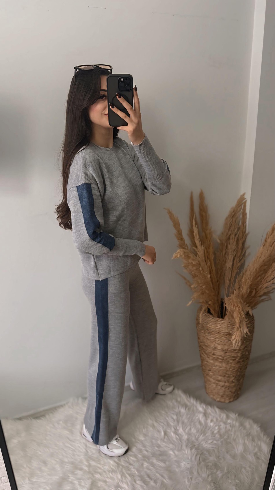 Nomi Yanları Kot Triko Çelik Örme Takım Gri