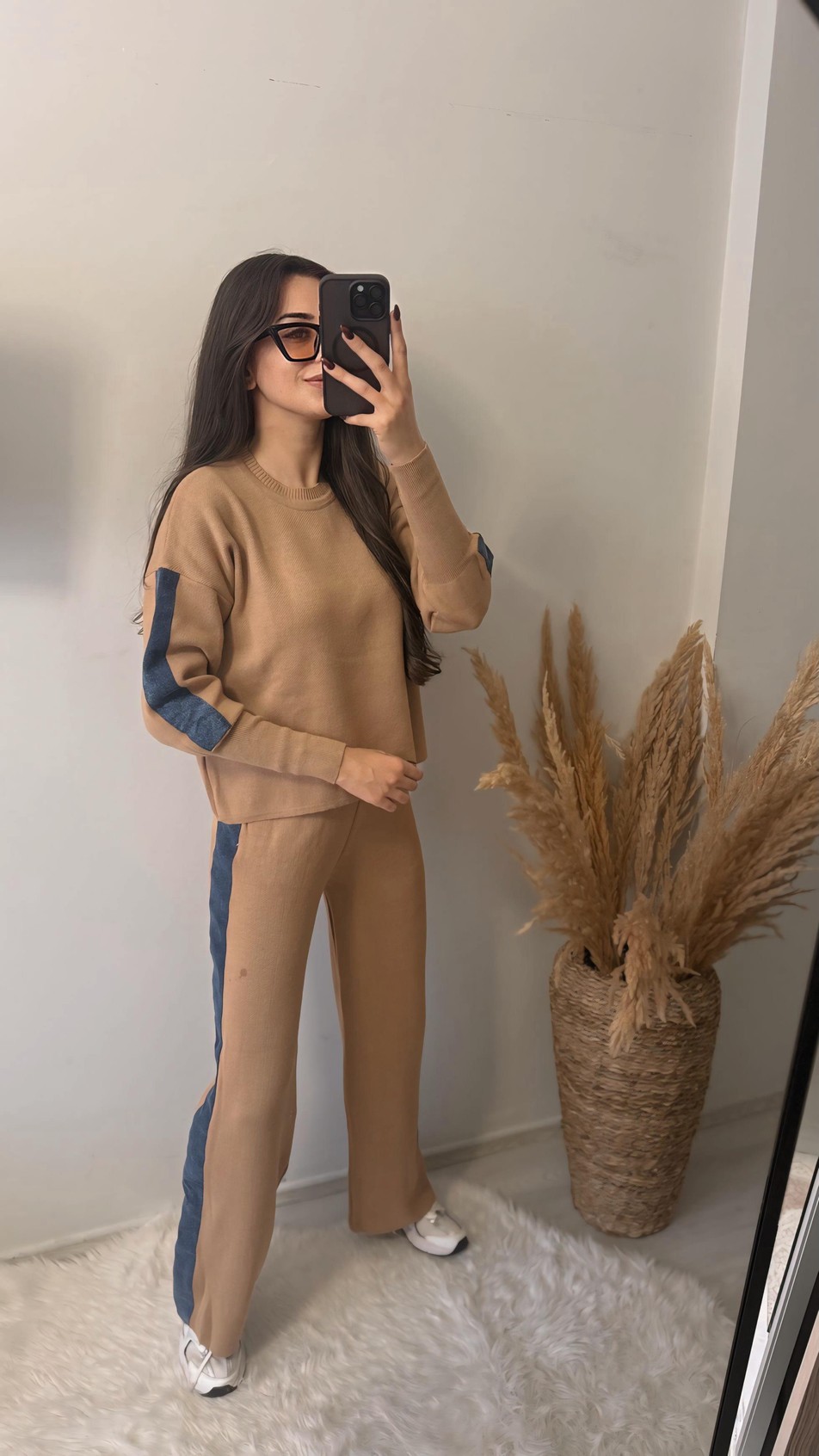 Nomi Yanları Kot Triko Çelik Örme Takım Kahve