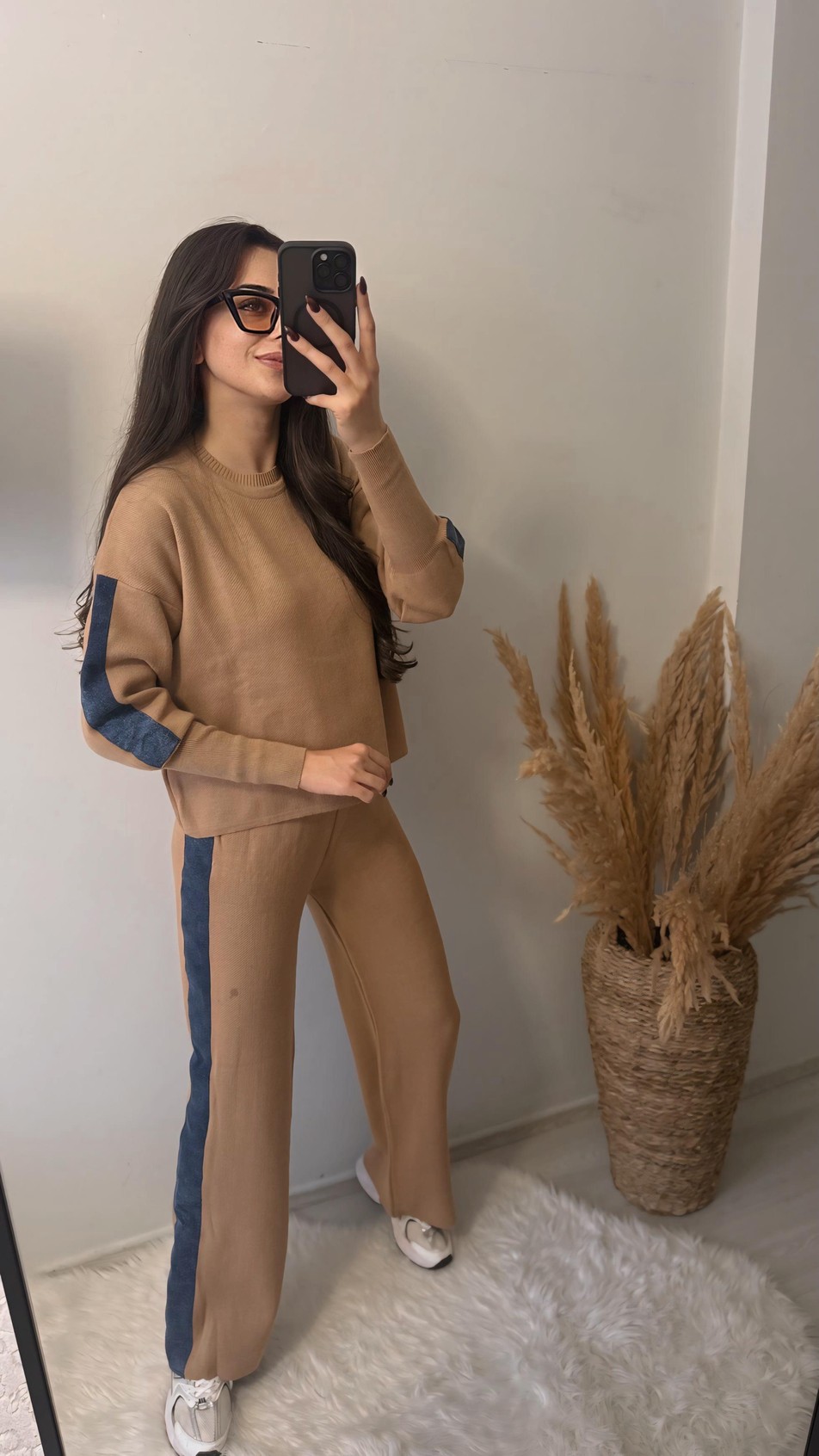 Nomi Yanları Kot Triko Çelik Örme Takım Kahve