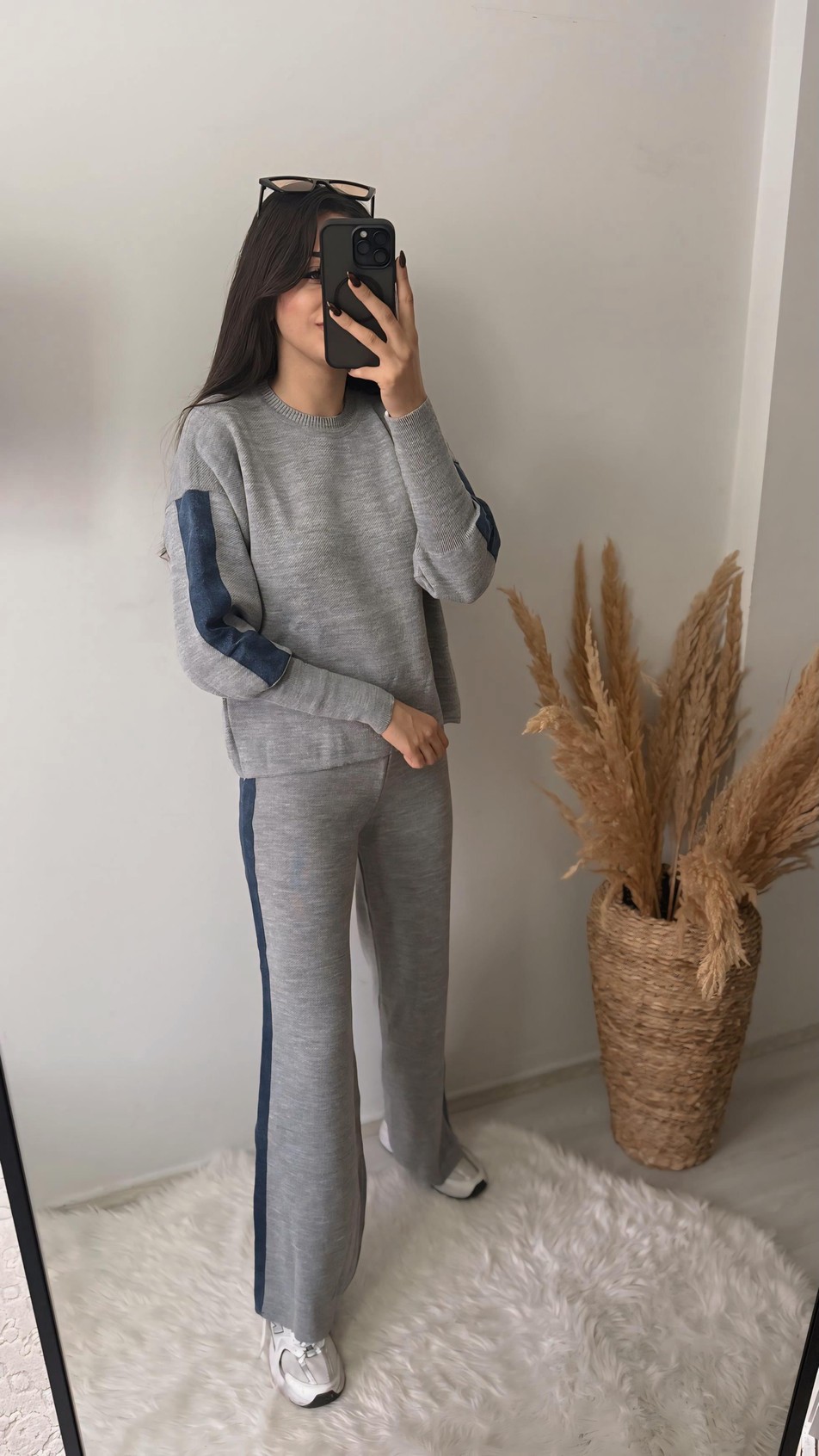 Nomi Yanları Kot Triko Çelik Örme Takım Gri