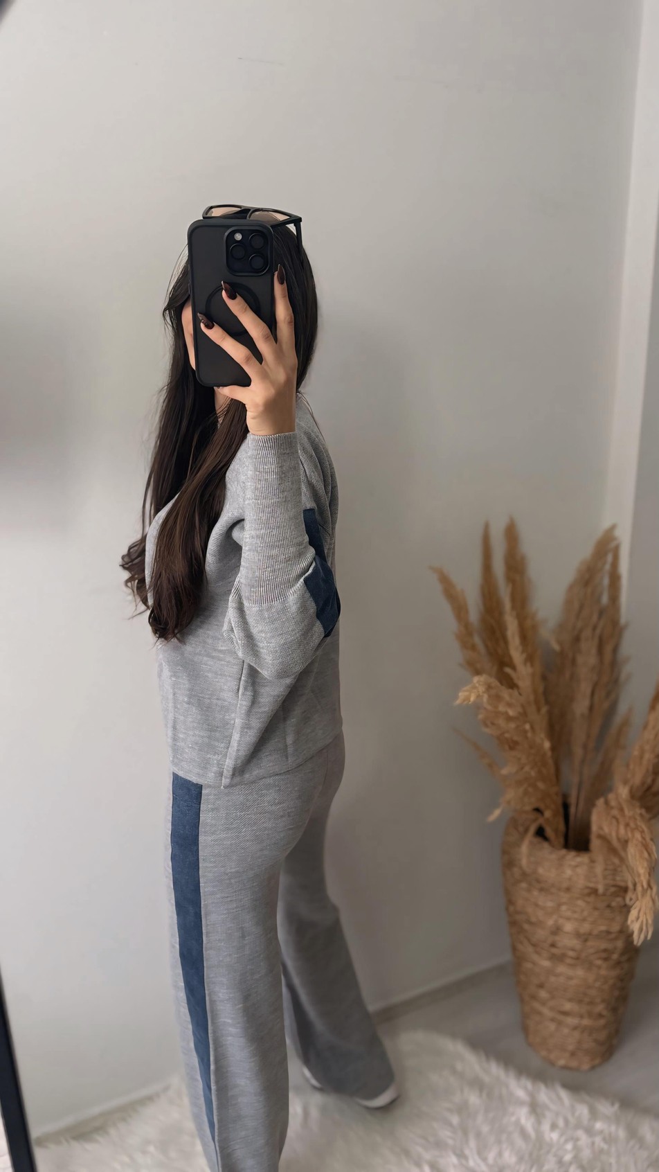 Nomi Yanları Kot Triko Çelik Örme Takım Gri