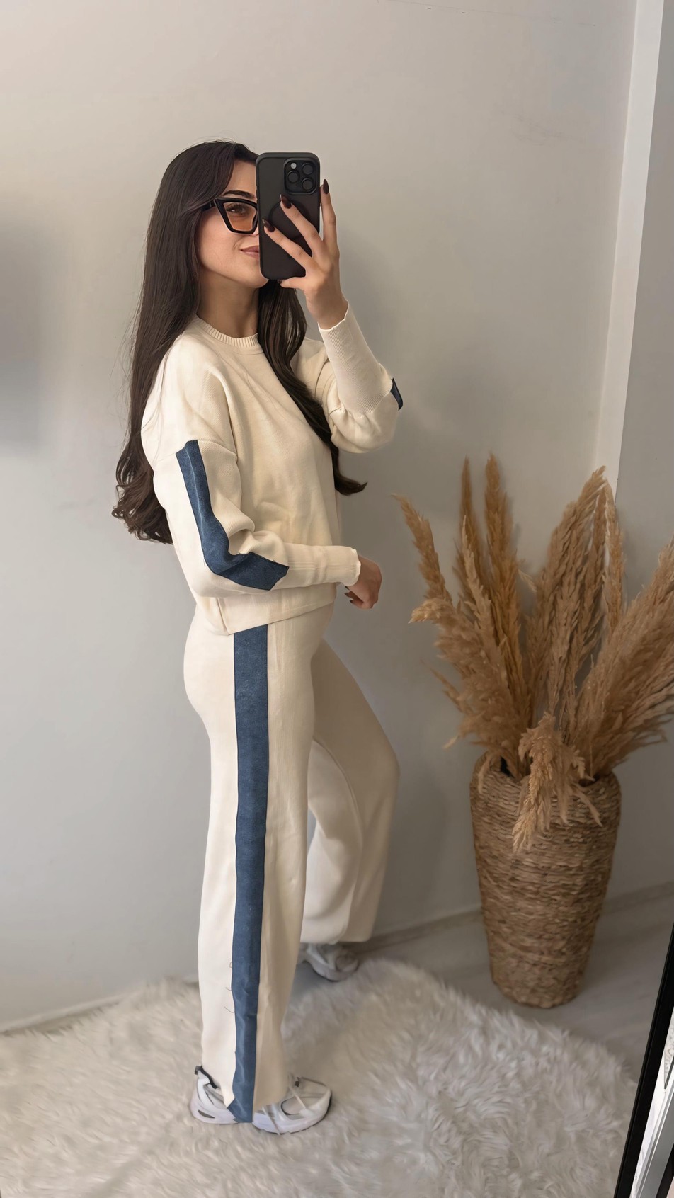 Nomi Yanları Kot Triko Çelik Örme Takım Bej