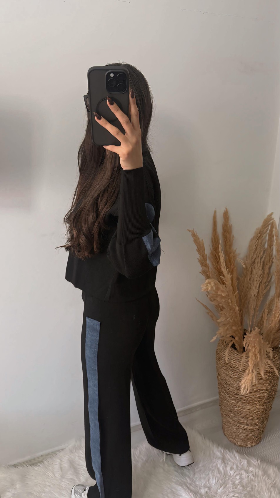 Nomi Yanları Kot Triko Çelik Örme Takım Siyah