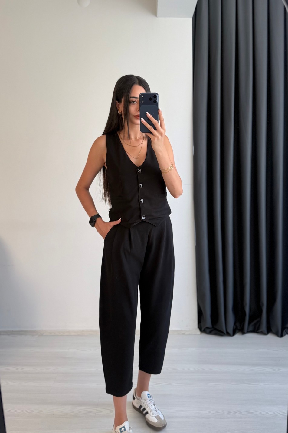 Odete Likralı Pantalon Ve Yelek Siyah Takım