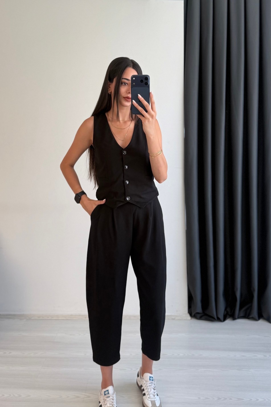 Odete Likralı Pantalon Ve Yelek Siyah Takım