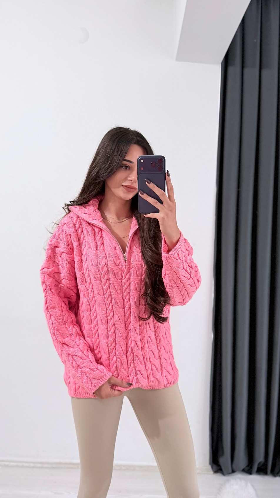 Olwe Örmeli Fermuarlı Triko Kazak Pembe